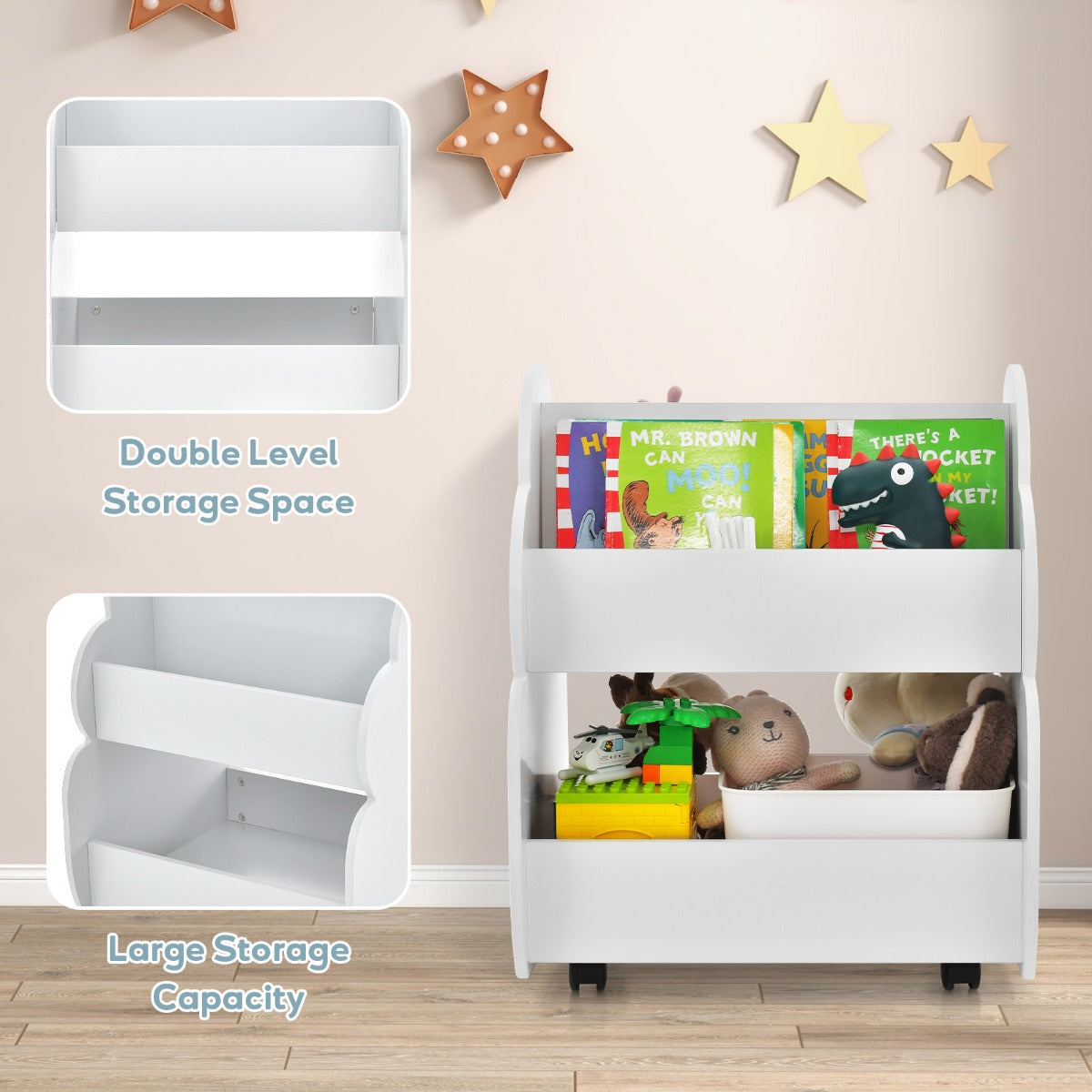 LIVSK Dubbellaagse Kinderboekenkast op Wieltjes - Boomvorm - 3 Open Planken - Draagvermogen 20 kg - 52 x 47 x 63,5 cm - Wit