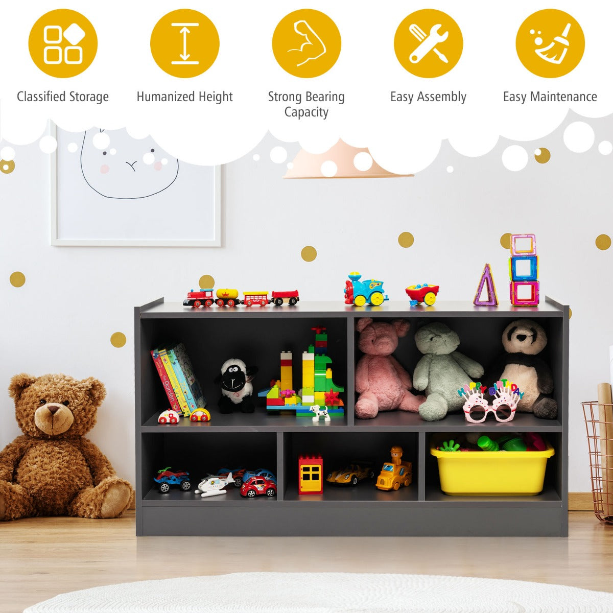 LIVSK Kinderboekenkast met 5 Compartimenten - Veilig en Kindvriendelijk Ontwerp - Stevige Constructie - 111 x 30 x 61,5 cm - Grijs
