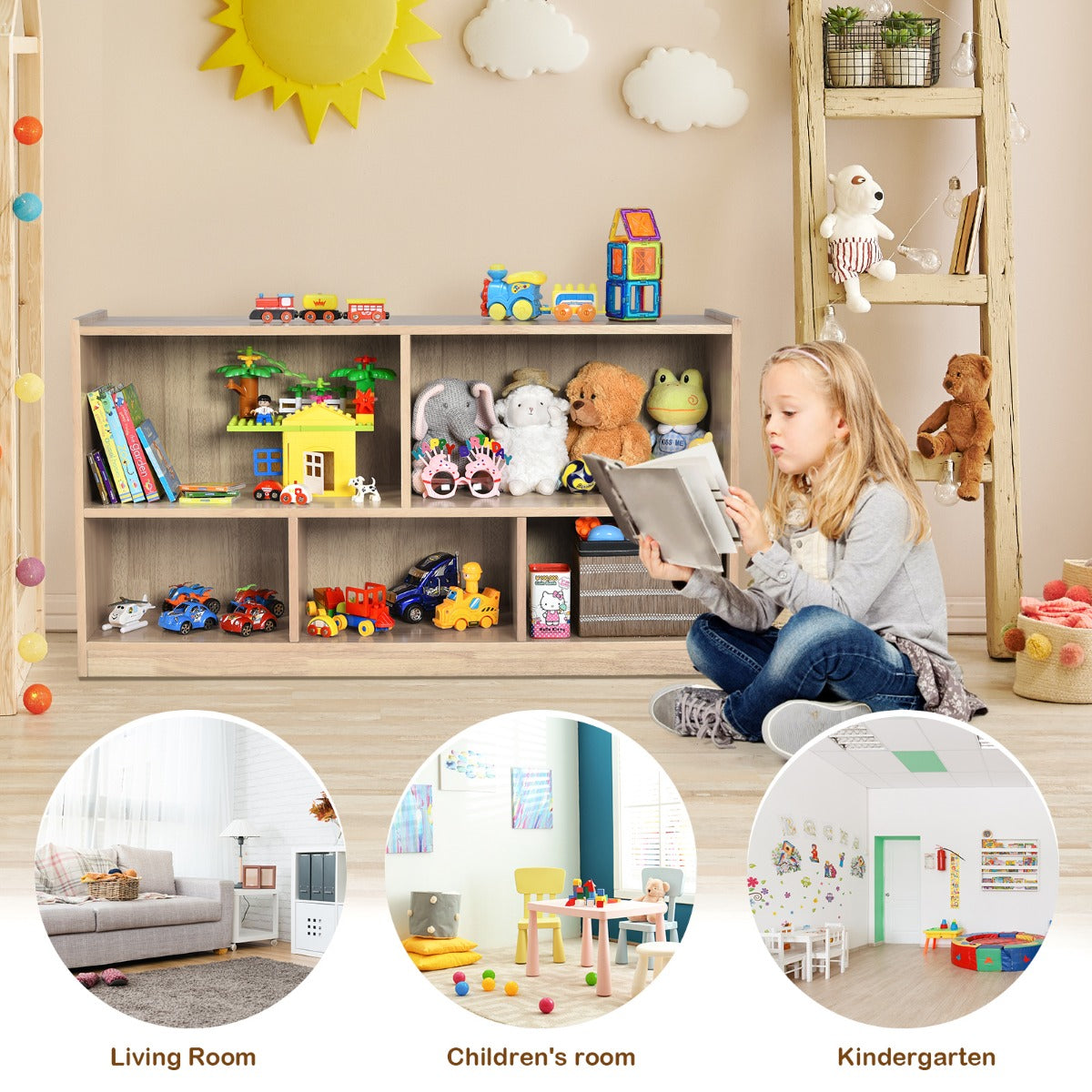 LIVSK Kinderboekenkast - Houten Opbergkast met 5 Compartimenten - Kindvriendelijk en Stevig - Tot 60 kg - Naturel