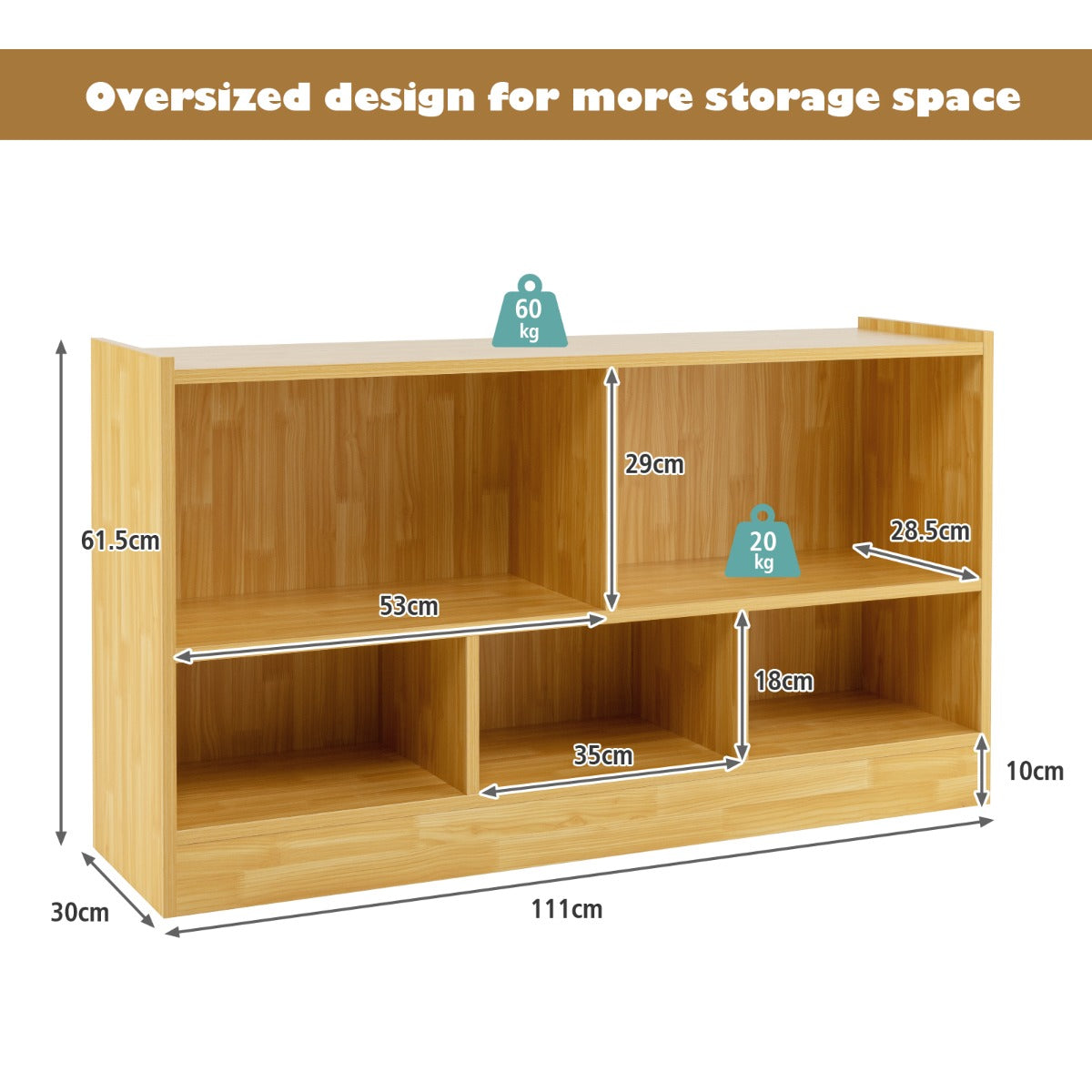 LIVSK Kinderboekenkast - 5 Ruime Kubussen - Kindvriendelijk en Duurzaam - Veilige Opbergplank - 111 x 30 x 61,5 cm - Natuur