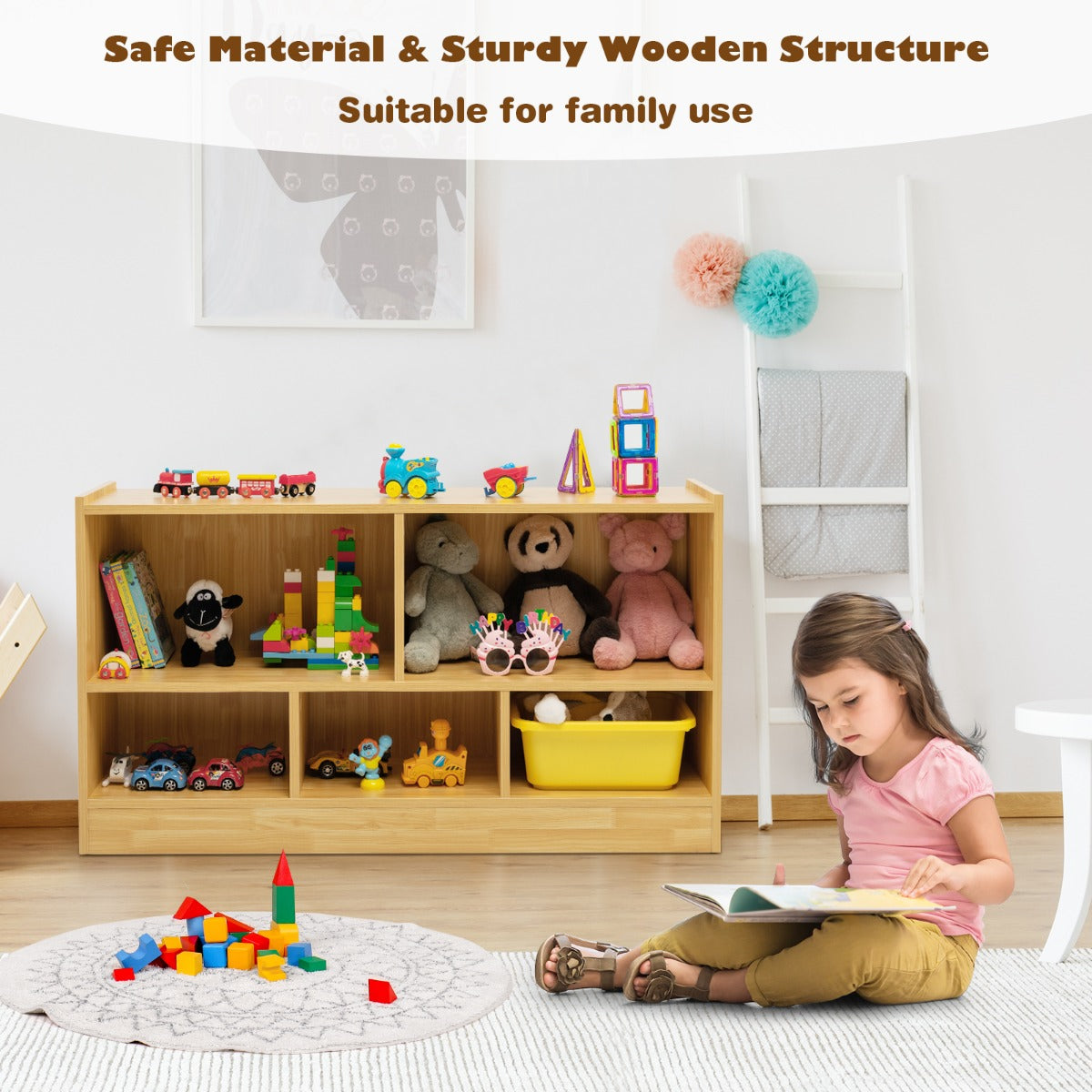 LIVSK Kinderboekenkast - 5 Ruime Kubussen - Kindvriendelijk en Duurzaam - Veilige Opbergplank - 111 x 30 x 61,5 cm - Natuur