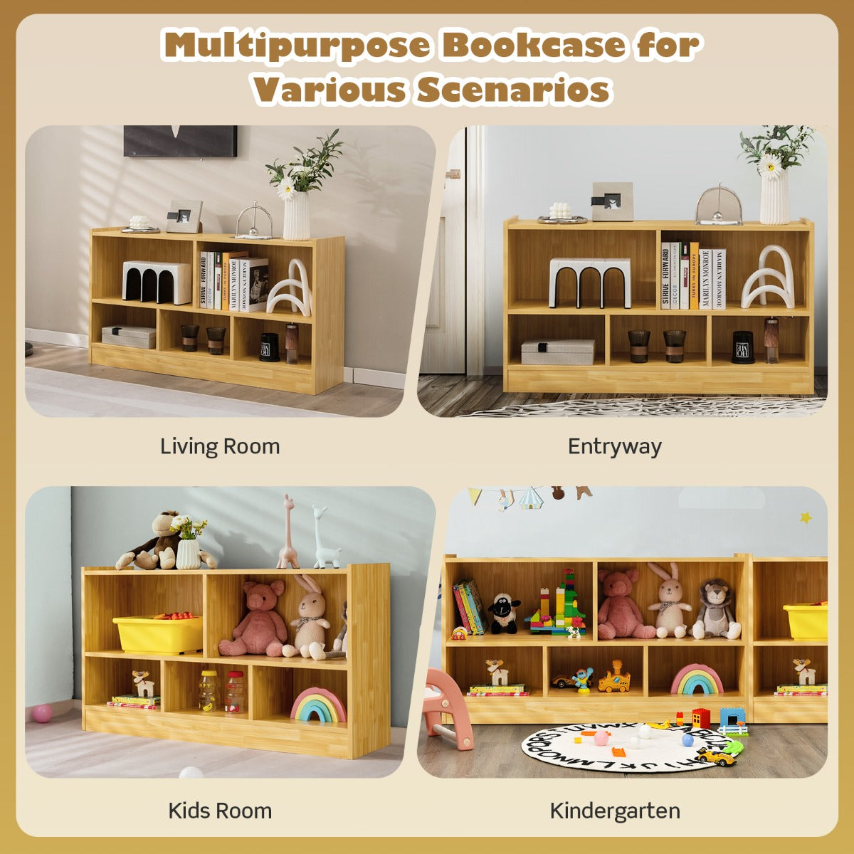 LIVSK Kinderboekenkast - 5 Ruime Kubussen - Kindvriendelijk en Duurzaam - Veilige Opbergplank - 111 x 30 x 61,5 cm - Natuur
