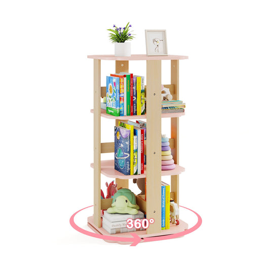LIVSK Draaibare Kinderboekenkast met 3 Vakken - 360° Toegang - Veilig met Antislip - 48 x 48 x 95,5 cm - Roze