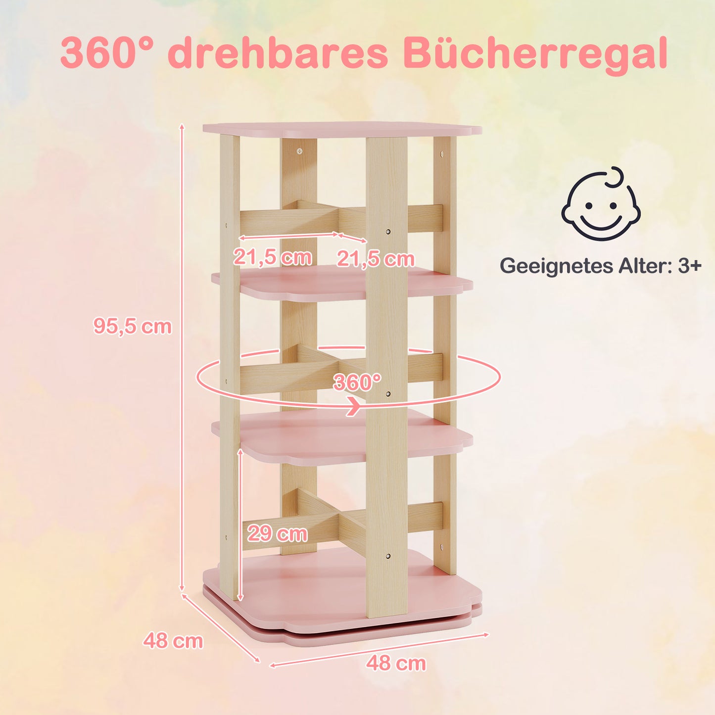LIVSK Draaibare Kinderboekenkast met 3 Vakken - 360° Toegang - Veilig met Antislip - 48 x 48 x 95,5 cm - Roze
