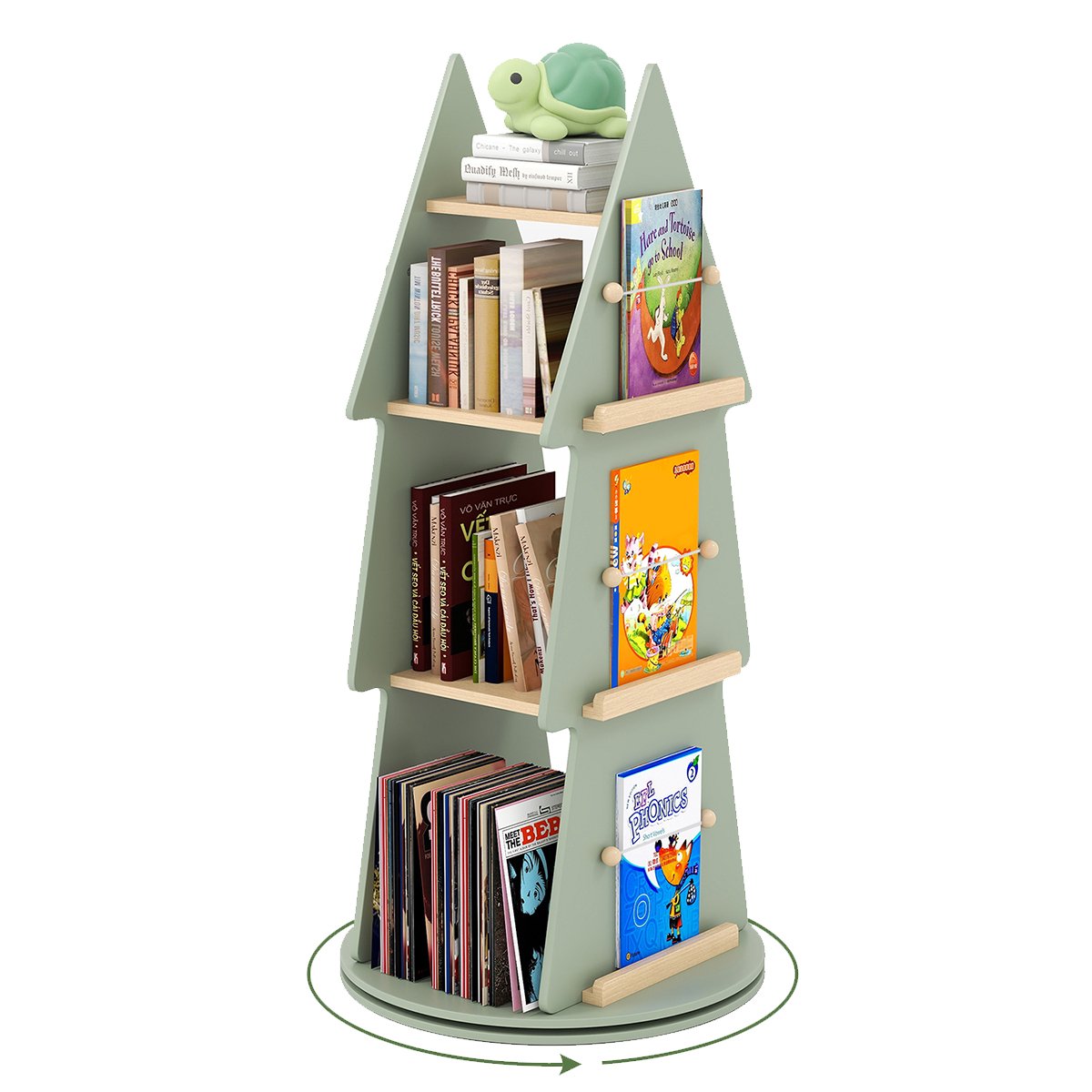 LIVSK Draaibaar Kinderboekenrek - Boomvormig Design - 360° Draaibaar - 4 Hoofdplanken - Massief Dennenhout - Groen + Natuurlijk