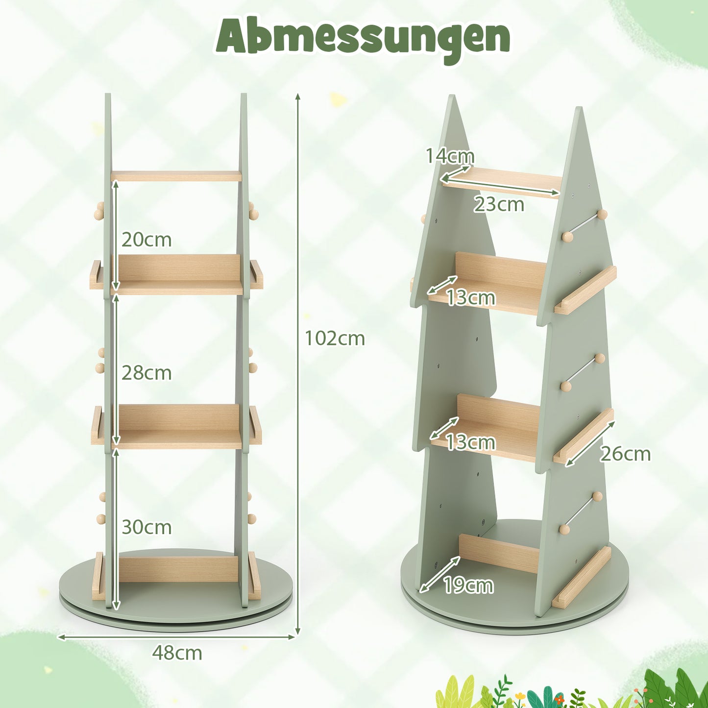 LIVSK Draaibaar Kinderboekenrek - Boomvormig Design - 360° Draaibaar - 4 Hoofdplanken - Massief Dennenhout - Groen + Natuurlijk