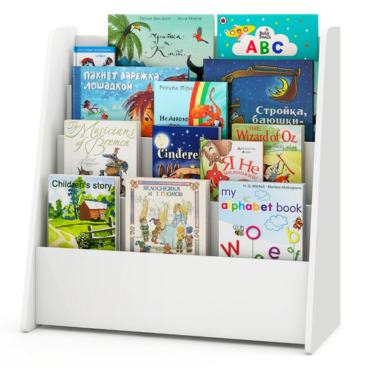 LIVSK Kinderboekenrek met 4 Opbergvakken - Optimale Hoogte 59 cm - Stabiele Trapeziumstructuur - Veilig en Eenvoudig te Reinigen