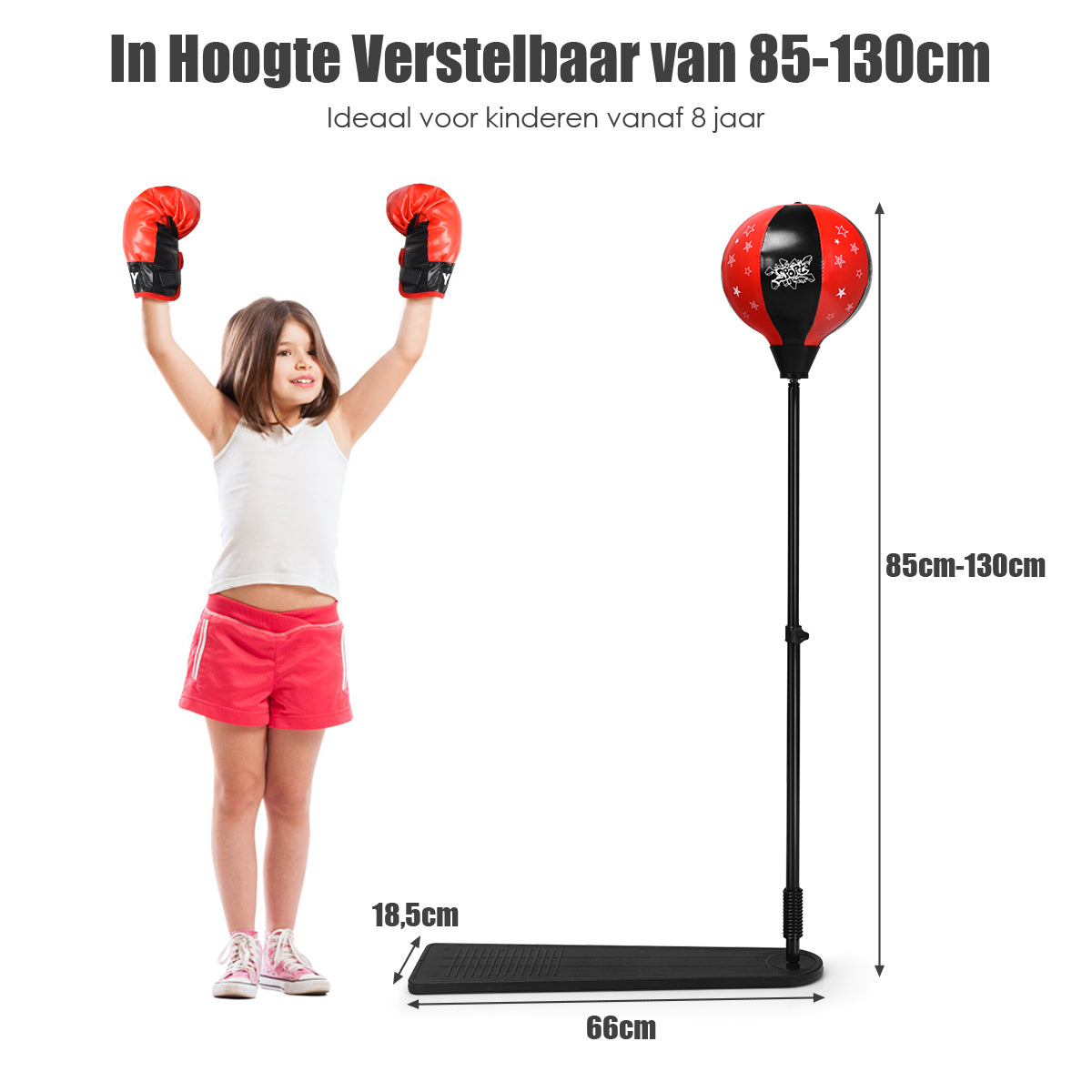 LIVSK Staande Bokszak voor Kinderen - Verstelbaar van 85 tot 130 cm - Duurzaam PE en PVC-leer - Antislip Basis - Zwart en Rood