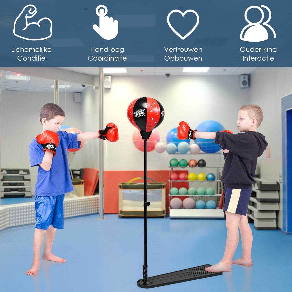 LIVSK Staande Bokszak voor Kinderen - Verstelbaar van 85 tot 130 cm - Duurzaam PE en PVC-leer - Antislip Basis - Zwart en Rood