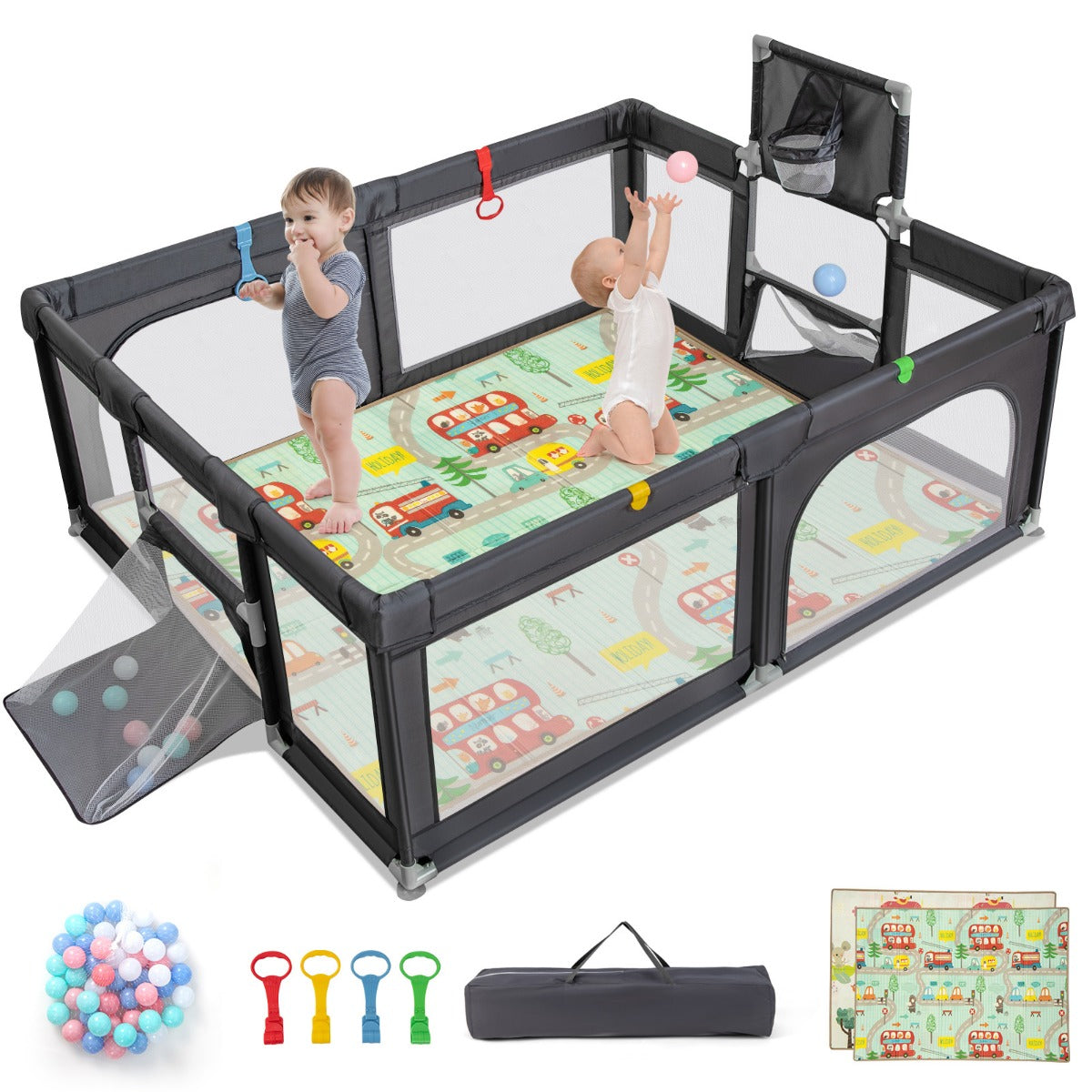 Livsk costway kinderbox opvouwbaar box met matras 50 speelballen basketbalmand voetbalnet kruiprooster met ademend net 188 x 157 cm grijs 1 1
