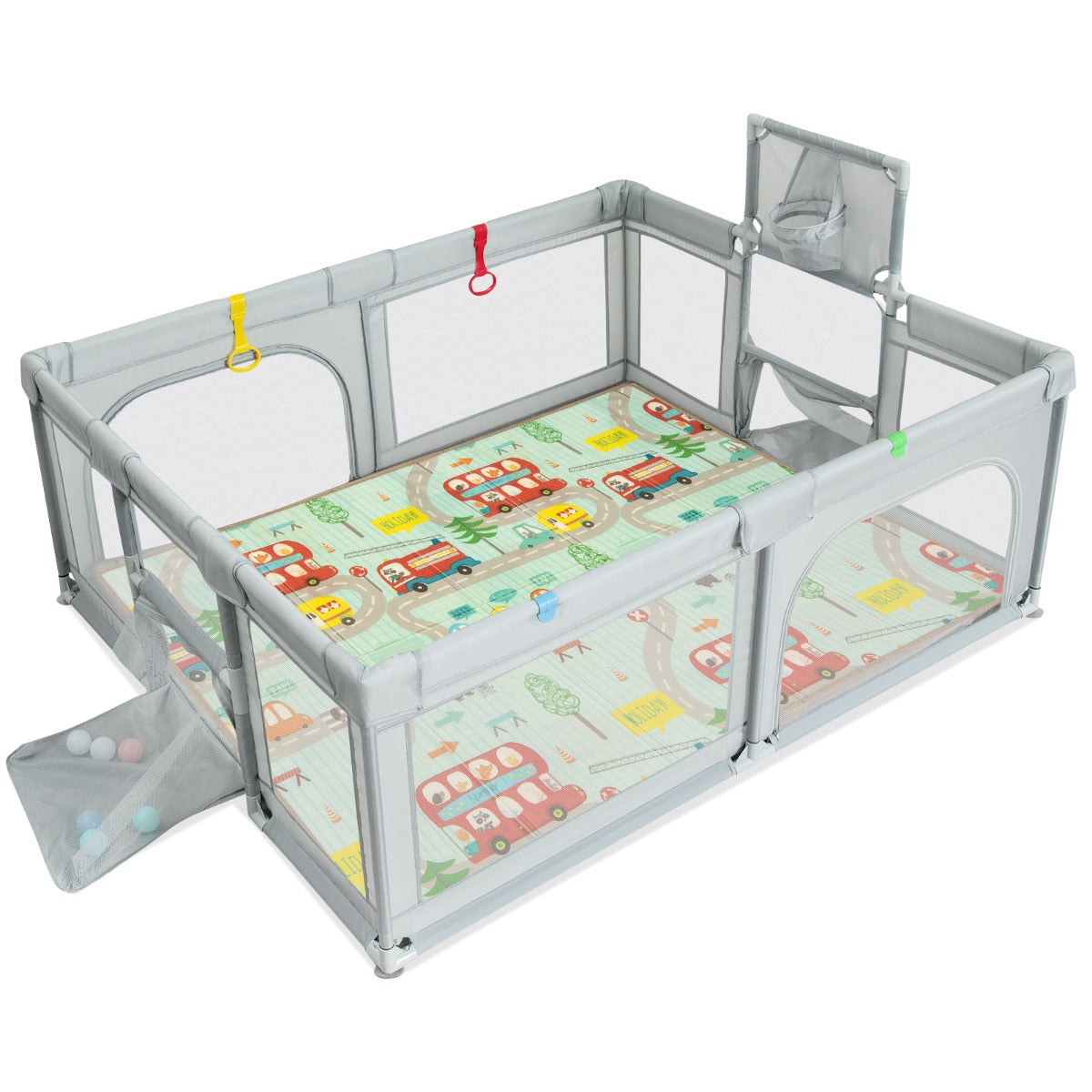 Livsk costway kinderbox opvouwbaar box met matras 50 speelballen basketbalmand voetbalnet kruiprooster met ademend net 188 x 157 cm lichtgrijs