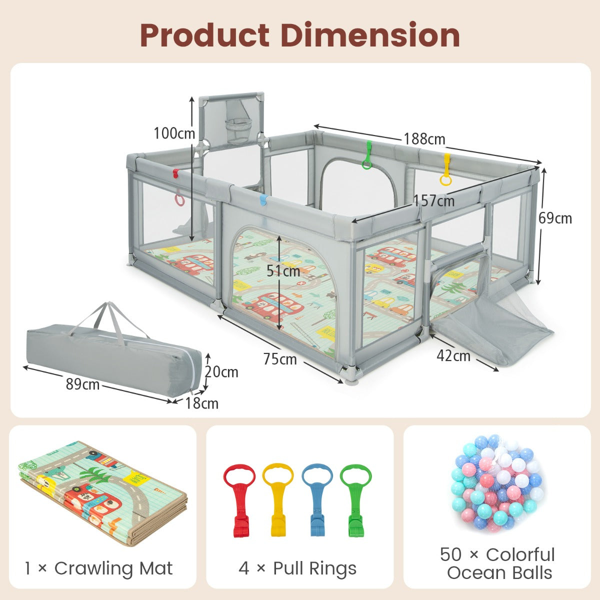 Livsk costway kinderbox opvouwbaar box met matras 50 speelballen basketbalmand voetbalnet kruiprooster met ademend net 188 x 157 cm lichtgrijs 2
