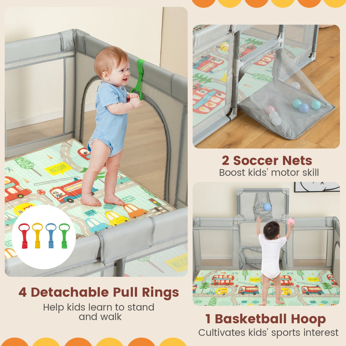 Livsk costway kinderbox opvouwbaar box met matras 50 speelballen basketbalmand voetbalnet kruiprooster met ademend net 188 x 157 cm lichtgrijs 3