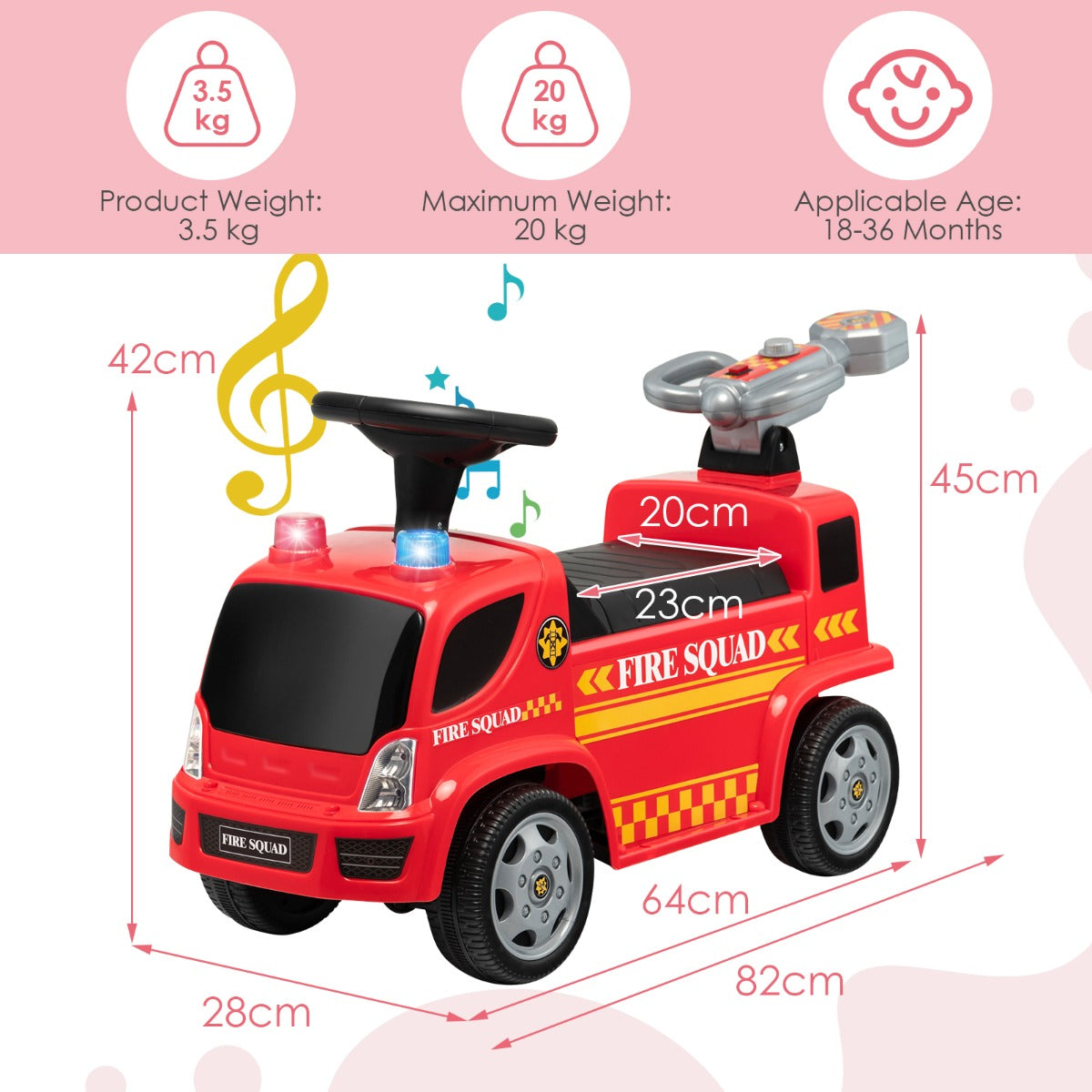 LIVSK Brandweerwagen Speelgoedauto - Realistische Sirenes en Muziek - Bellenblaasfunctie - Ergonomische Zitting - Tot 20 kg - Rood