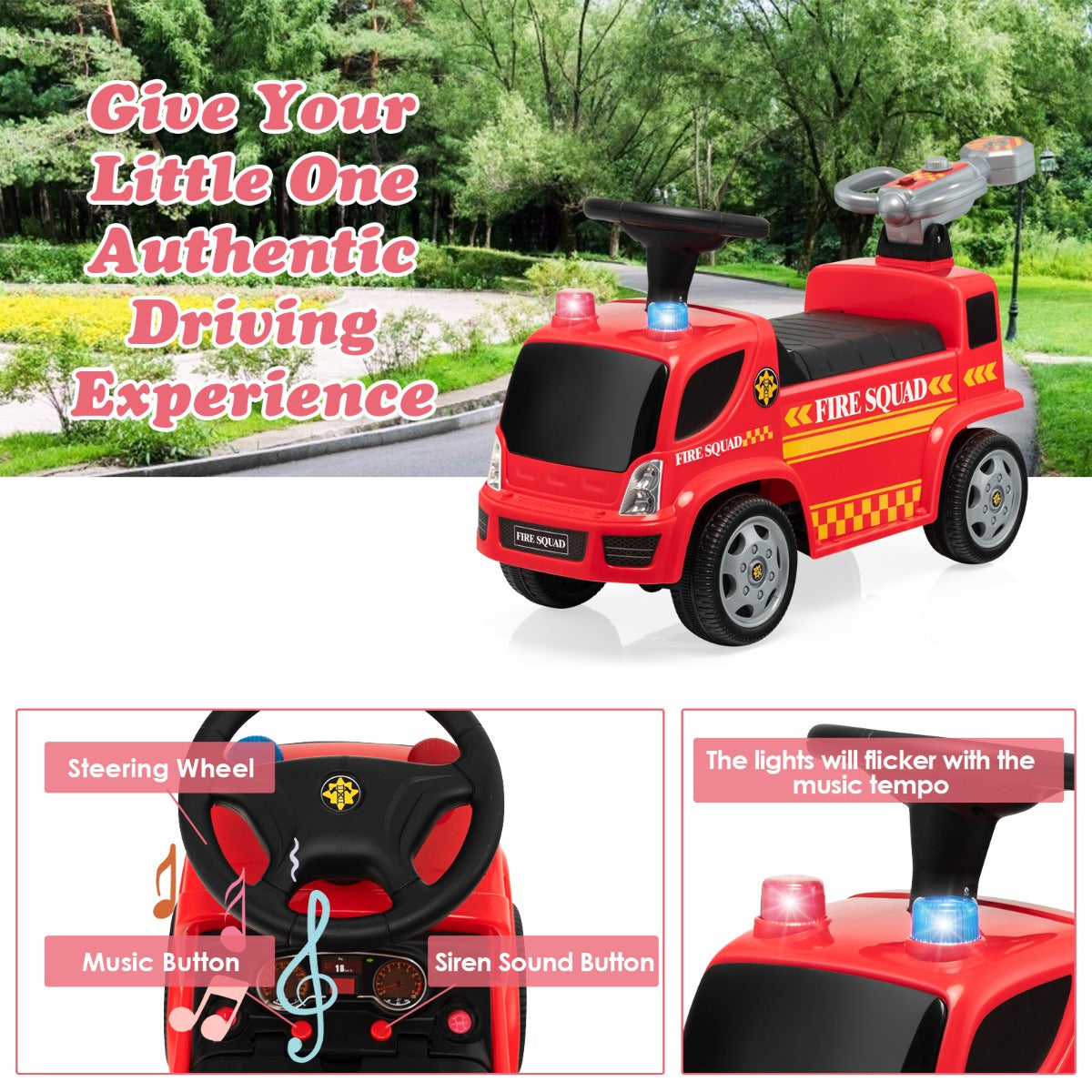 LIVSK Brandweerwagen Speelgoedauto - Realistische Sirenes en Muziek - Bellenblaasfunctie - Ergonomische Zitting - Tot 20 kg - Rood