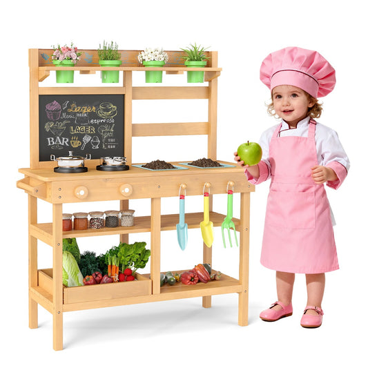 Livsk costway kinderbuitenkeuken van hout houten speelgoedkeukenset met afneembare spoelbak