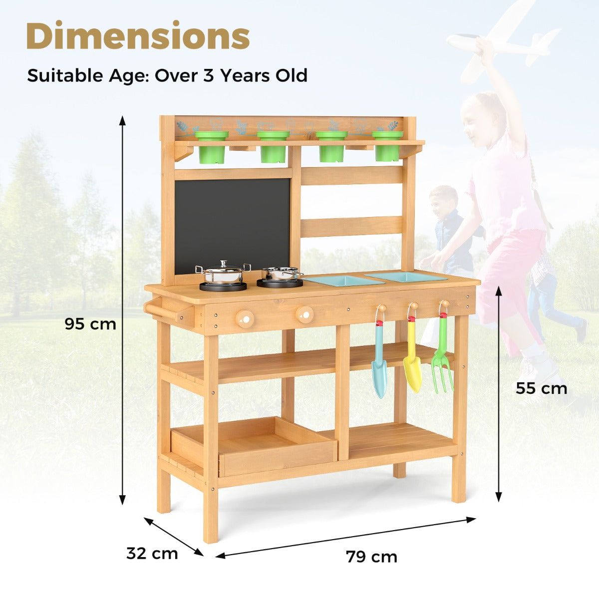Livsk costway kinderbuitenkeuken van hout houten speelgoedkeukenset met afneembare spoelbak 2
