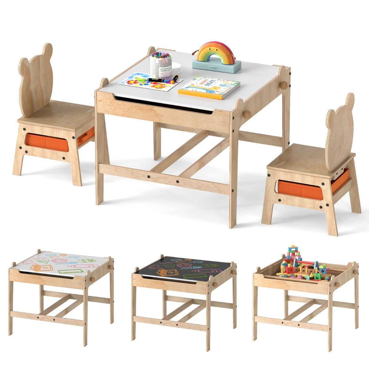 Livsk costway kinderbureau en stoel met omklapbaar magnetisch bord en opbergmand