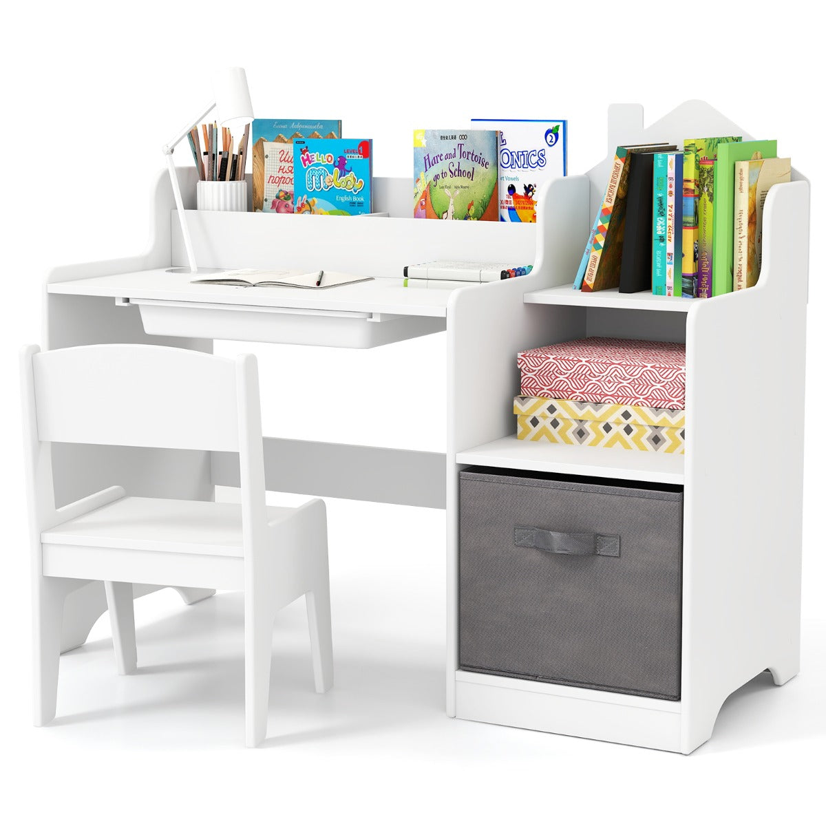 Livsk costway kinderbureau en stoel met open boekenkast lades en stoffen opbergdozen wit