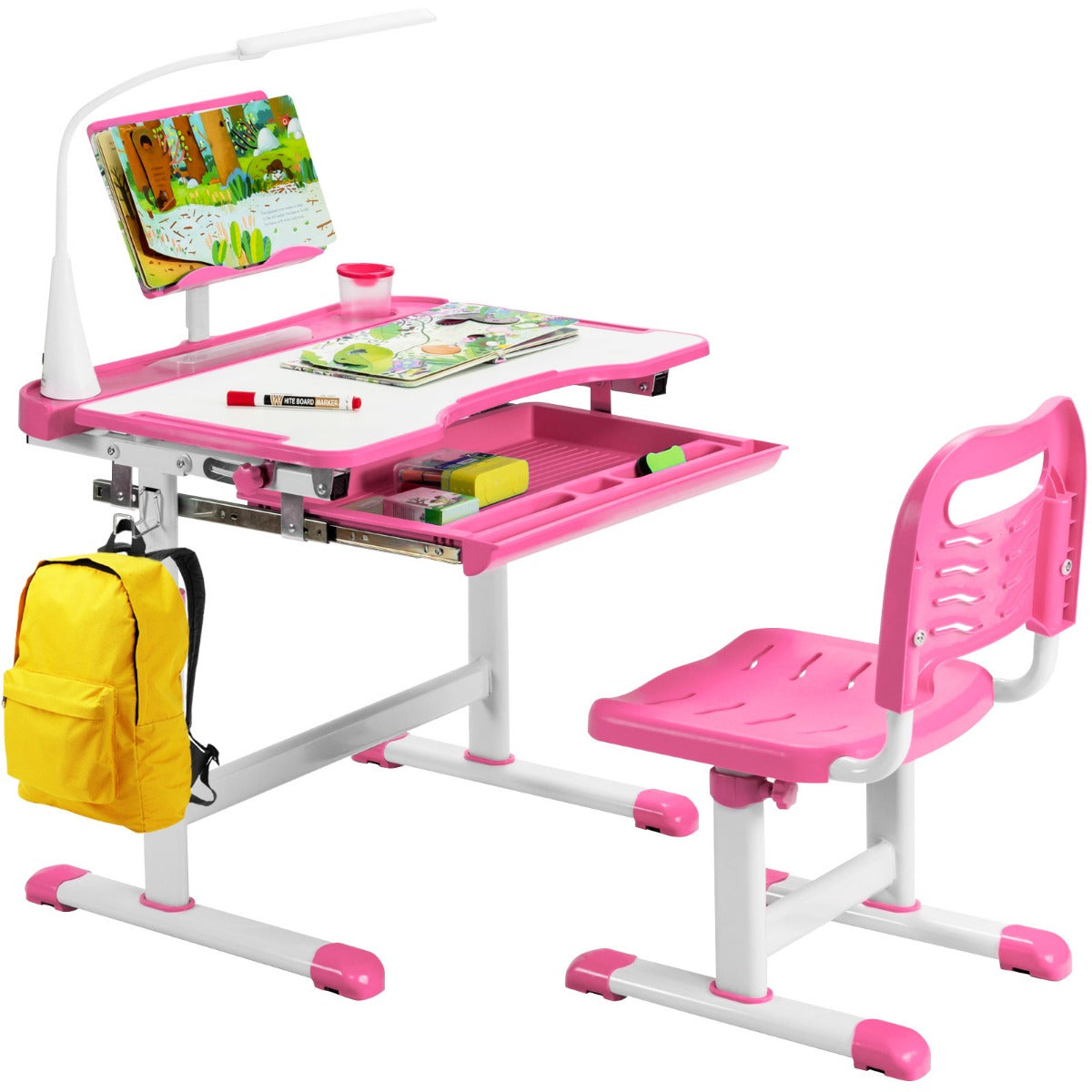 LIVSK Verstelbare Kinderbureau en Stoelen Set - Duurzaam MDF - LED Verlichting - Tot 100 kg - Voor Kinderen 4 jaar+ - Roze