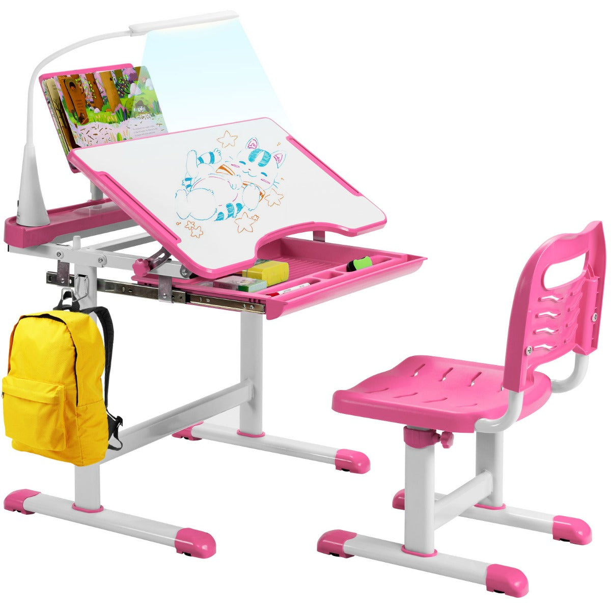 LIVSK Verstelbare Kinderbureau en Stoelen Set - Duurzaam MDF - LED Verlichting - Tot 100 kg - Voor Kinderen 4 jaar+ - Roze