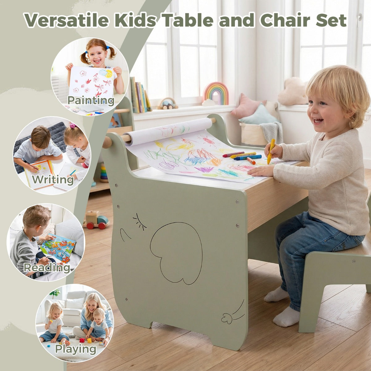 Livsk costway kinderbureau en stoelenset kinderzitmeubelset voor binnen met een omkeerbaar tafelblad 6