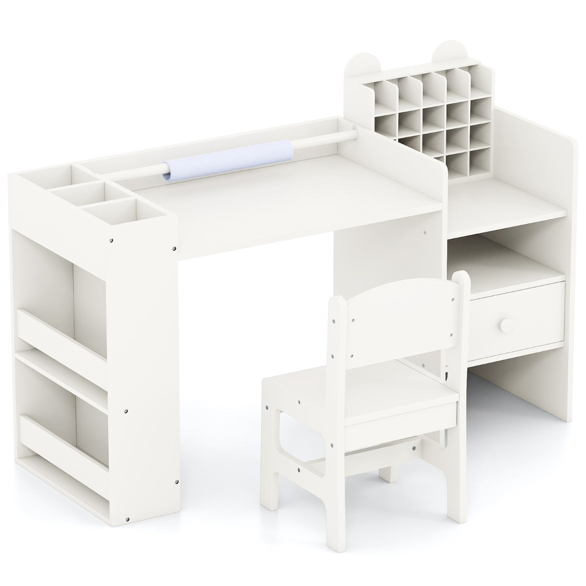 Livsk costway kinderbureau en stoelenset kunstbureau met afneembare papierrolhouder en archiefkast 1 1