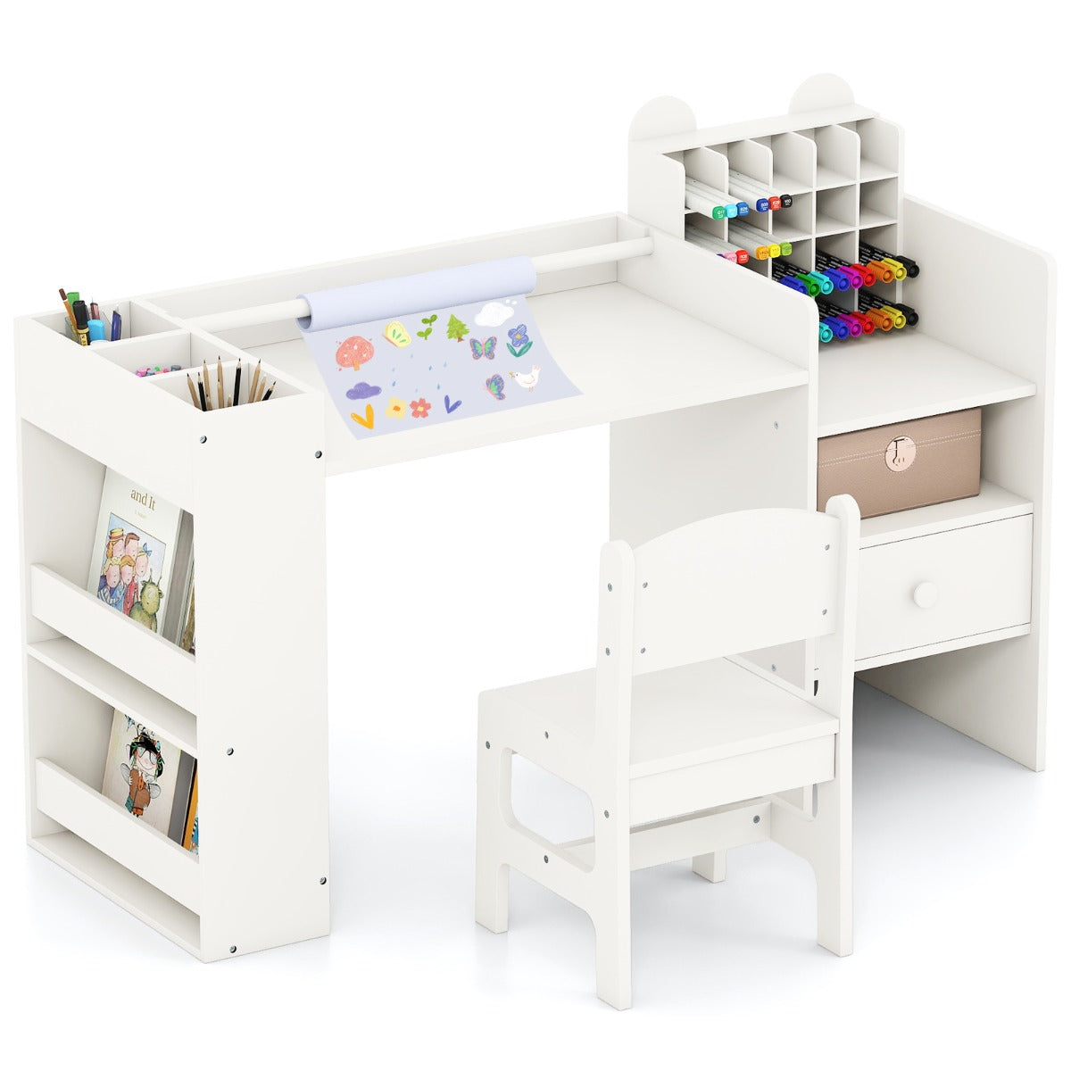 Livsk costway kinderbureau en stoelenset kunstbureau met afneembare papierrolhouder en archiefkast