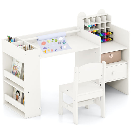 Livsk costway kinderbureau en stoelenset kunstbureau met afneembare papierrolhouder en archiefkast