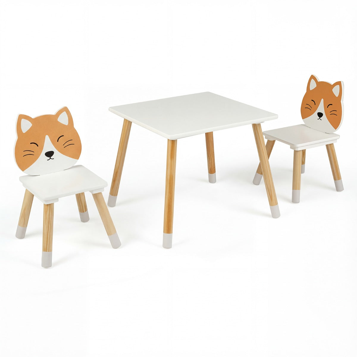 Livsk costway kinderbureau en stoelenset met houten poten kinderzitgroep met rechthoekige tafel en stoel in de vorm van een kat
