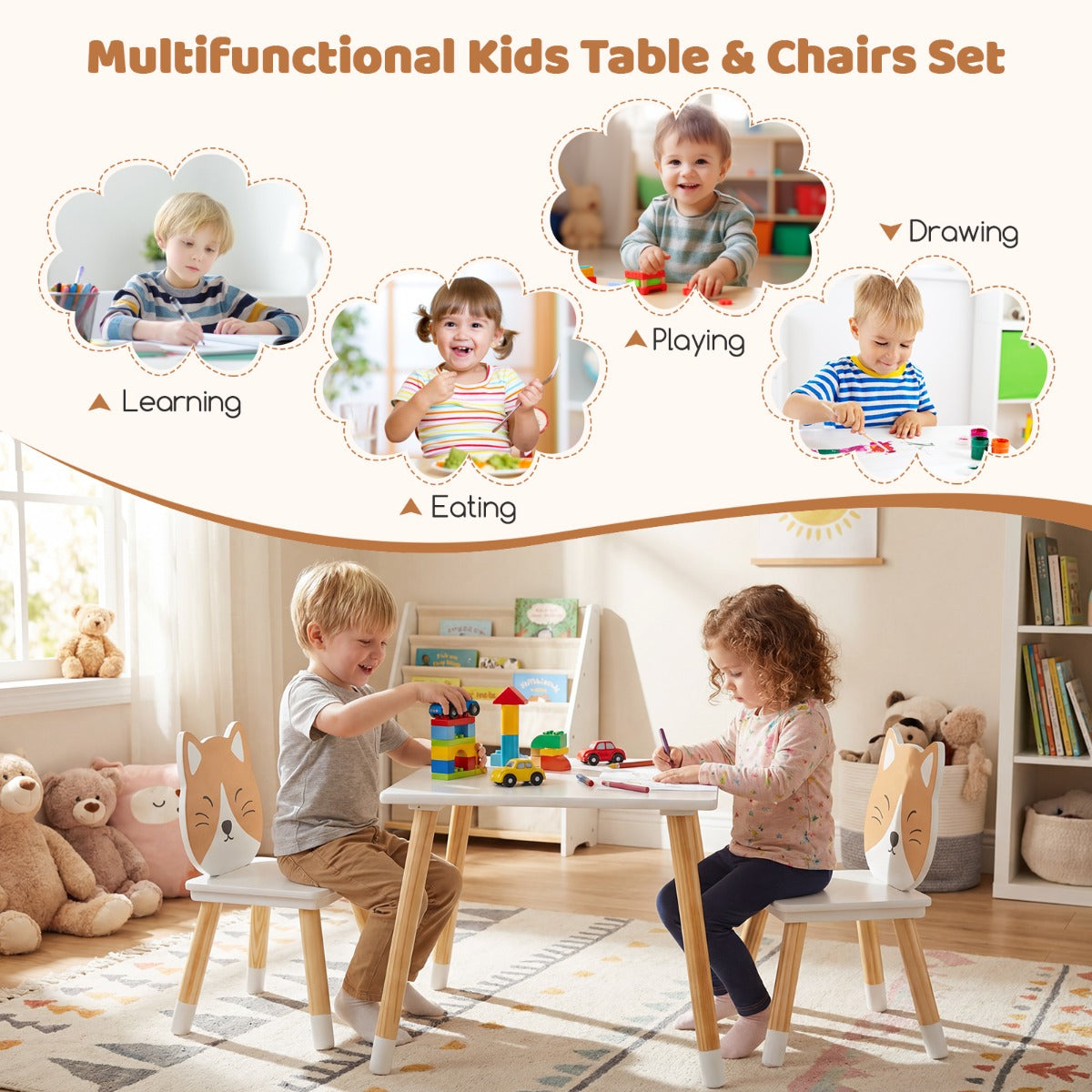Livsk costway kinderbureau en stoelenset met houten poten kinderzitgroep met rechthoekige tafel en stoel in de vorm van een kat