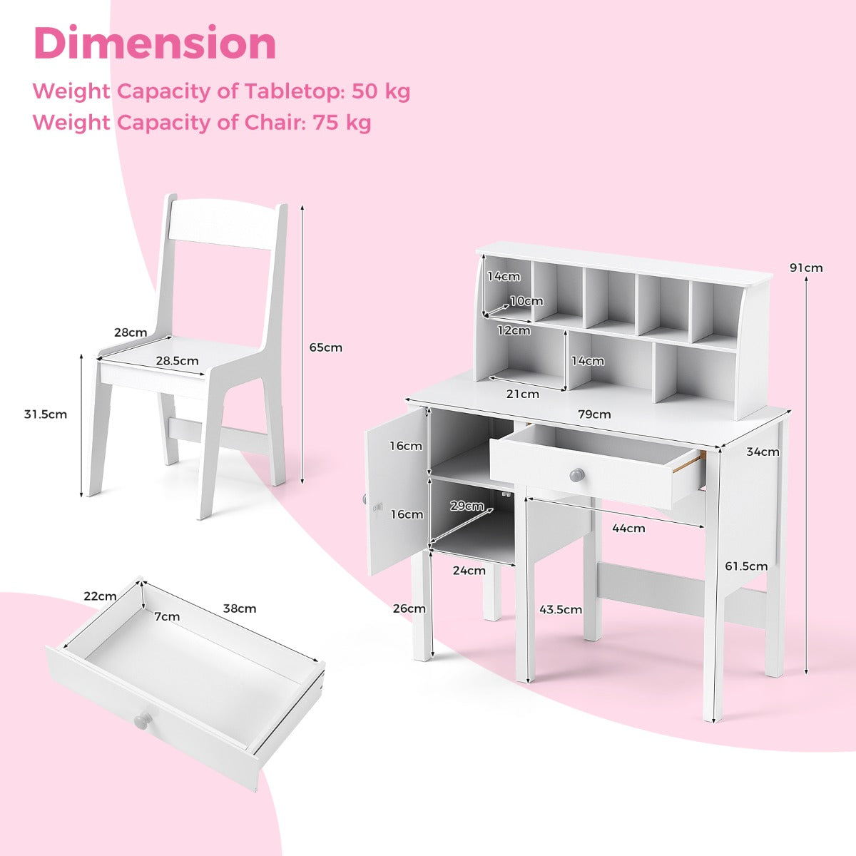 LIVSK Kindertafel- en Stoelenset - Veilig MDF-frame - Grote Opbergruimte - Anti-kantelfunctie - Wit