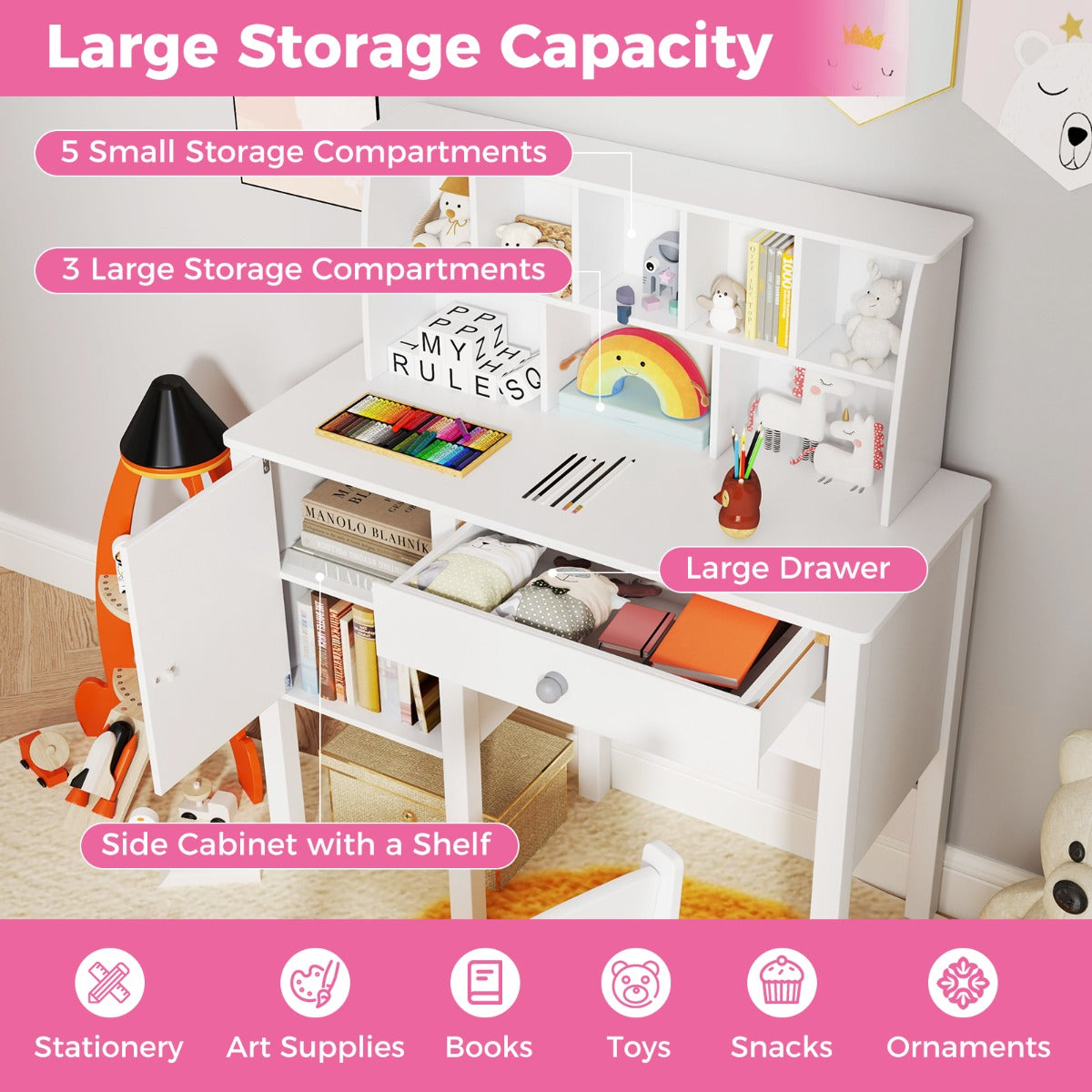 LIVSK Kindertafel- en Stoelenset - Veilig MDF-frame - Grote Opbergruimte - Anti-kantelfunctie - Wit