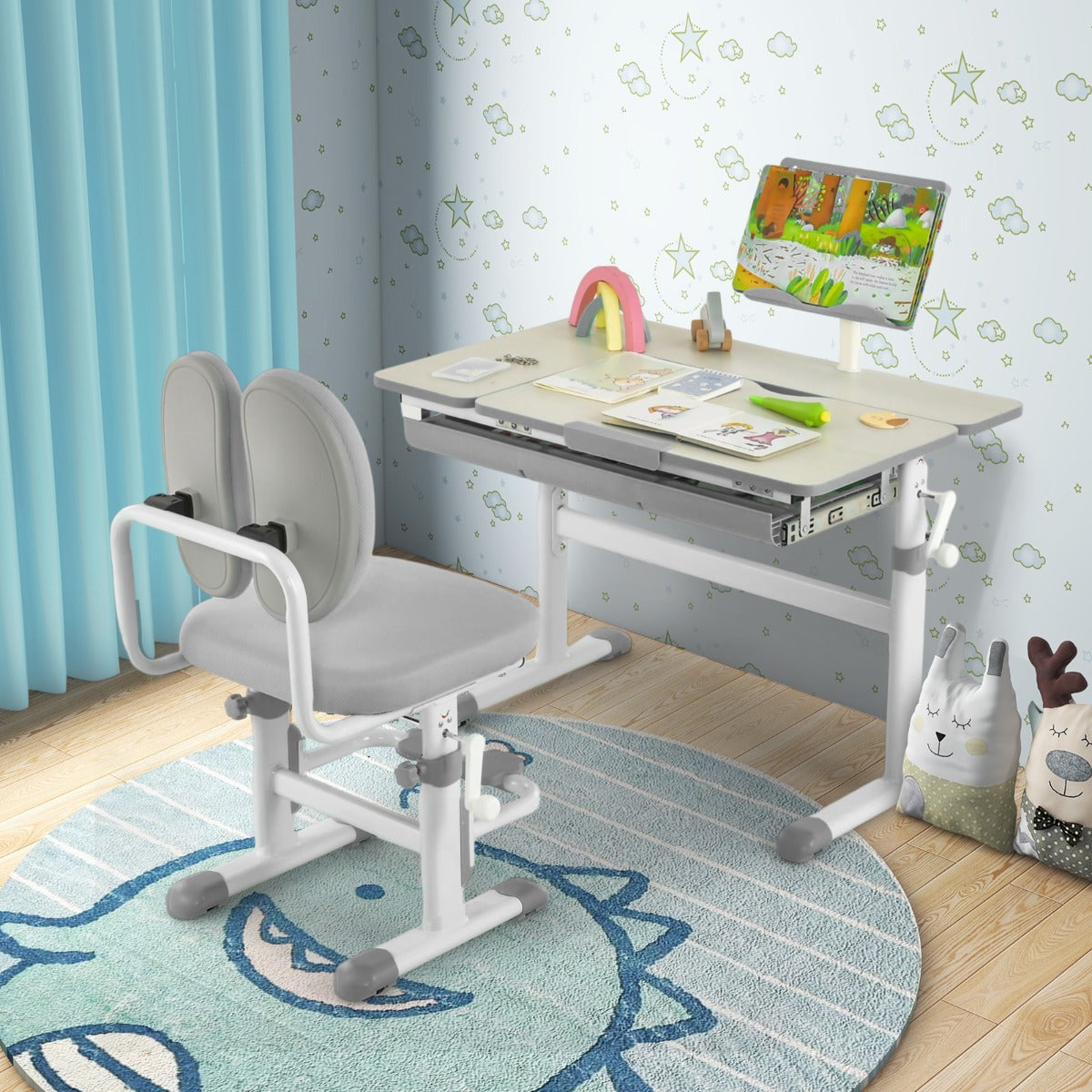 Livsk costway kinderbureau in hoogte verstelbaar van 51 tot 73 centimeter met kantelbaar bureaublad boekenplank lade en meetlint grijs 6