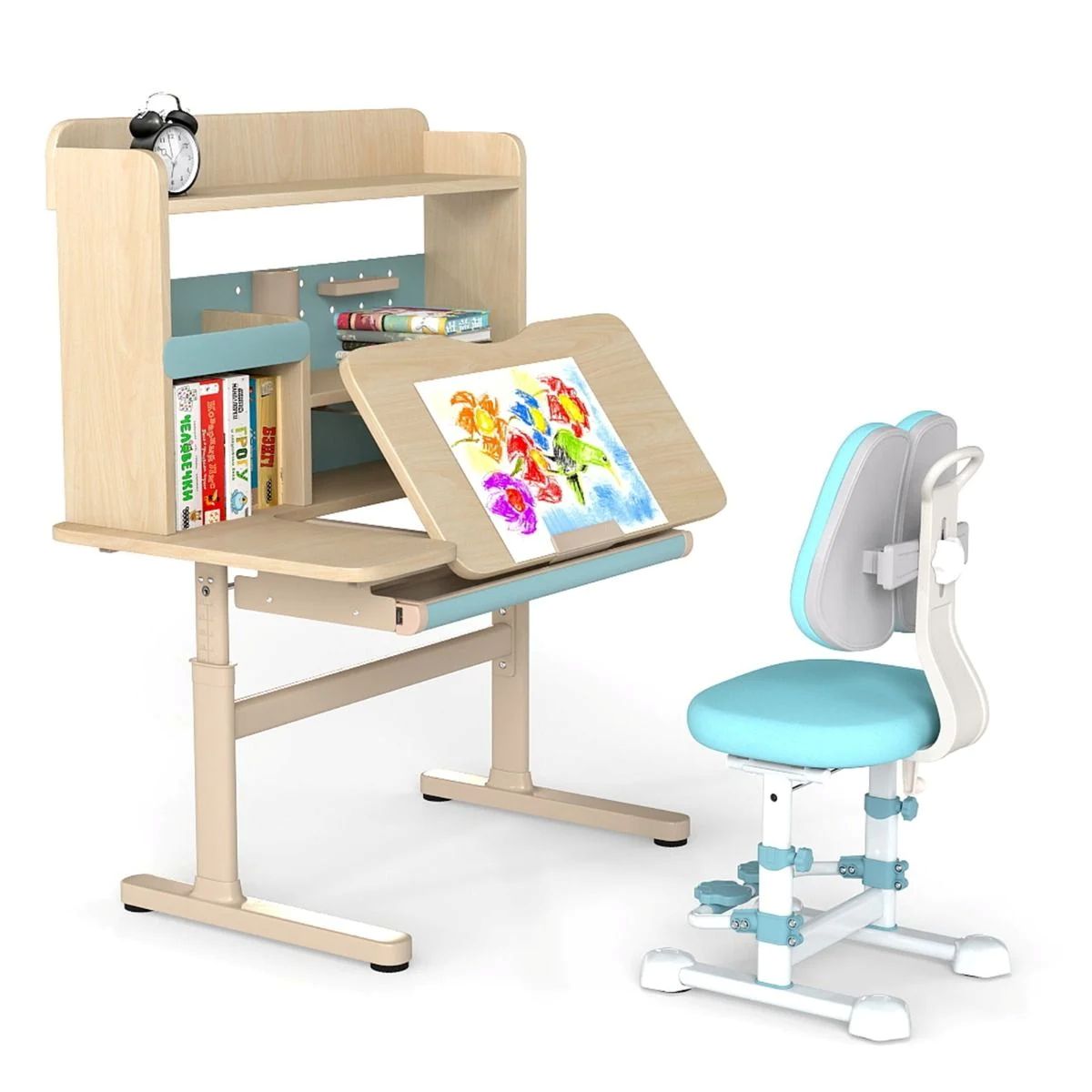 Livsk costway kinderbureau met kinderstoel schoolbureau ergonomische kinder bureaustoel blauw 1 1