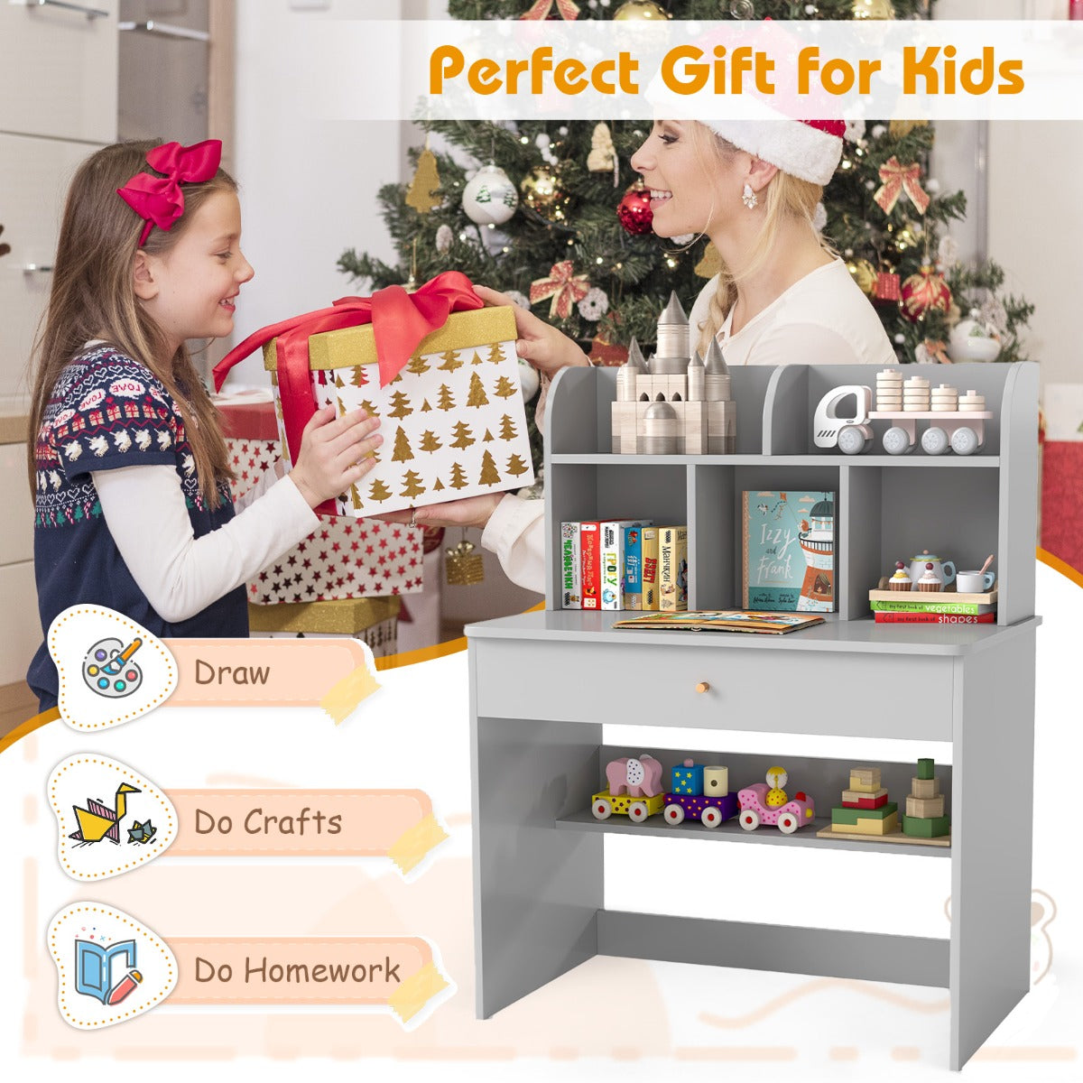 LIVSK Houten Kinderschrijftafel met 5 Opbergvakken - Ruime Werkruimte - Grote Lade - Veilig Ontwerp - Eenvoudige Montage - Grijs