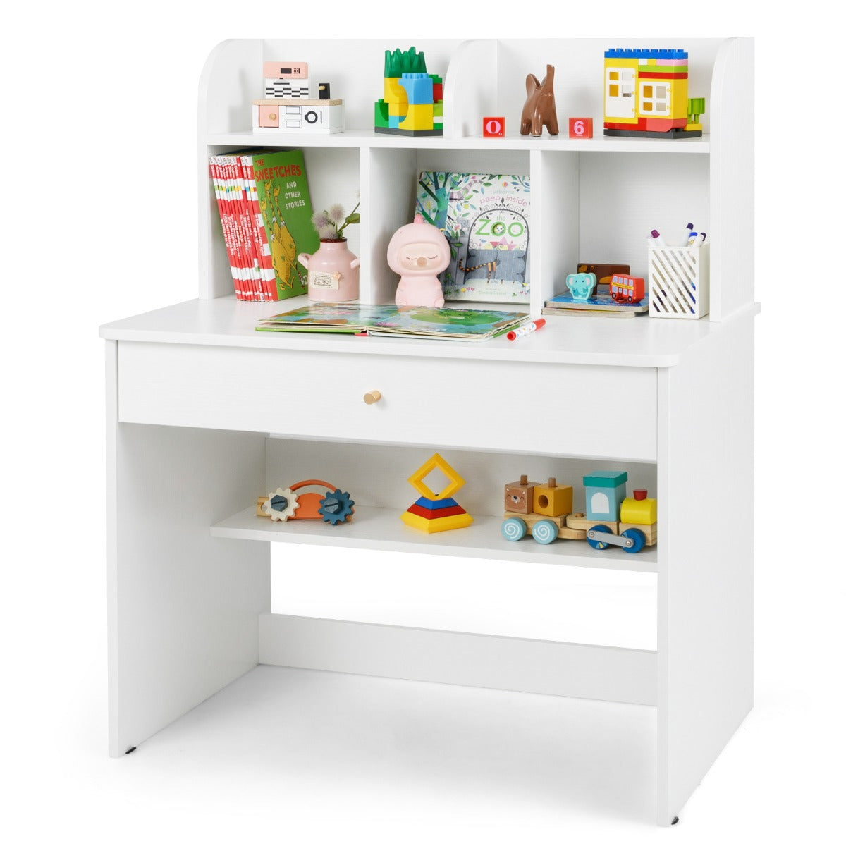 LIVSK Houten Kinderschrijftafel met Opbergvak - 5 Vakken en Grote Lade - Veilig en Kindvriendelijk - 80 x 48 x 102 cm - Wit