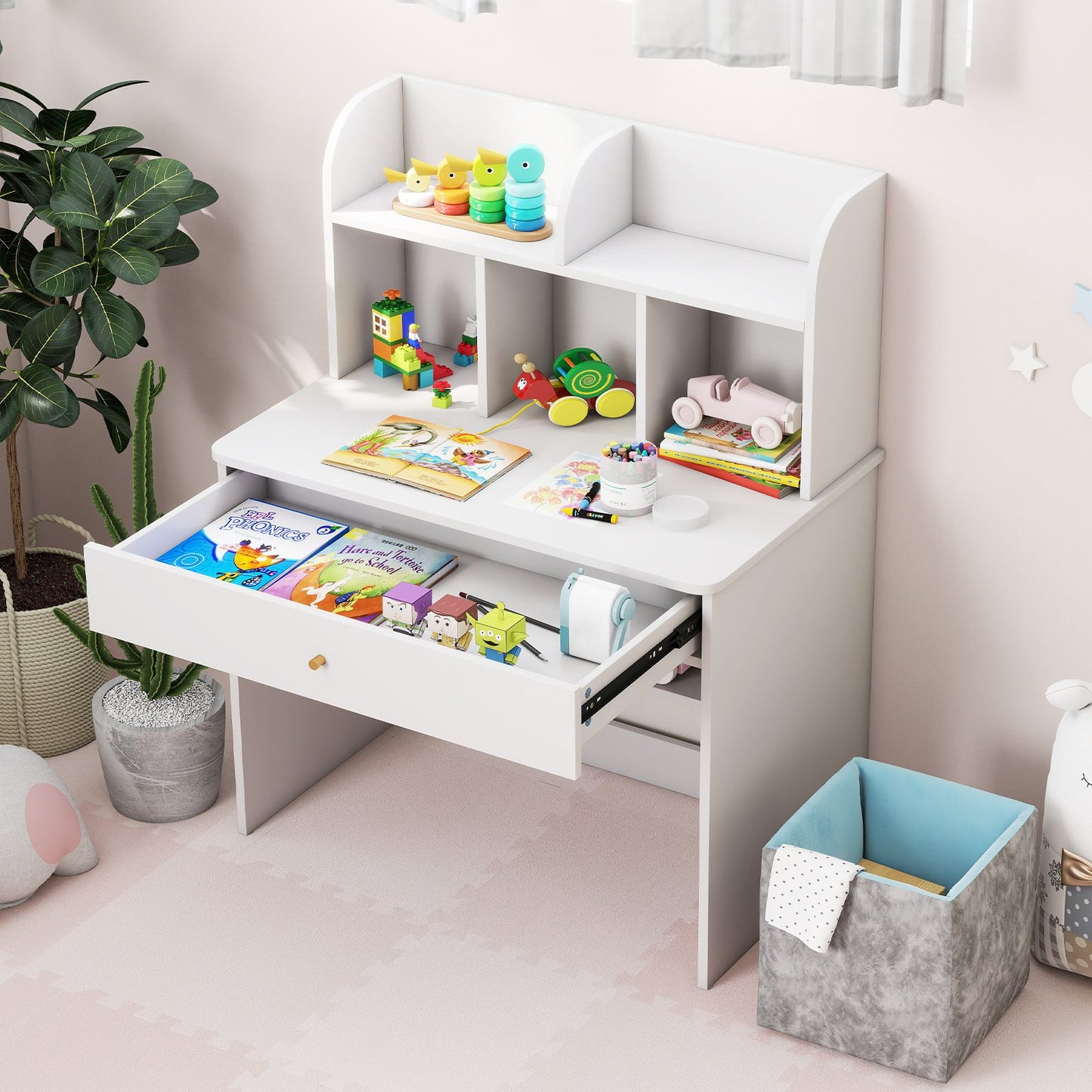 LIVSK Houten Kinderschrijftafel met Opbergvak - 5 Vakken en Grote Lade - Veilig en Kindvriendelijk - 80 x 48 x 102 cm - Wit