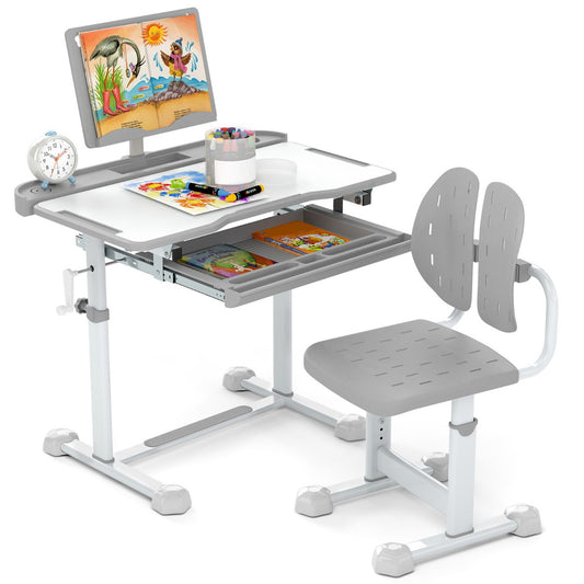 LIVSK Kinderbureau en Stoelen - Set - Hoogteverstelbaar - Kantelbaar Bureaublad - Ergonomische Stoel - Boekensteun - Grijs