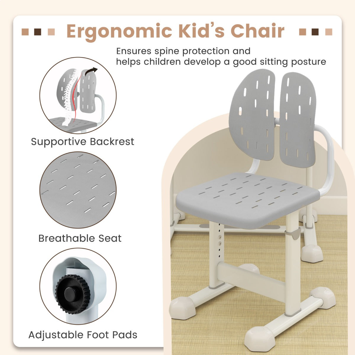 LIVSK Kinderbureau en Stoelen - Set - Hoogteverstelbaar - Kantelbaar Bureaublad - Ergonomische Stoel - Boekensteun - Grijs