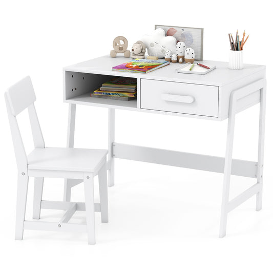 LIVSK Bureauset voor Kinderen - Ruim Bureau met Plank en Lade - Ergonomische Stoel met Hoge Rugleuning - Veilig en Duurzaam - Wit