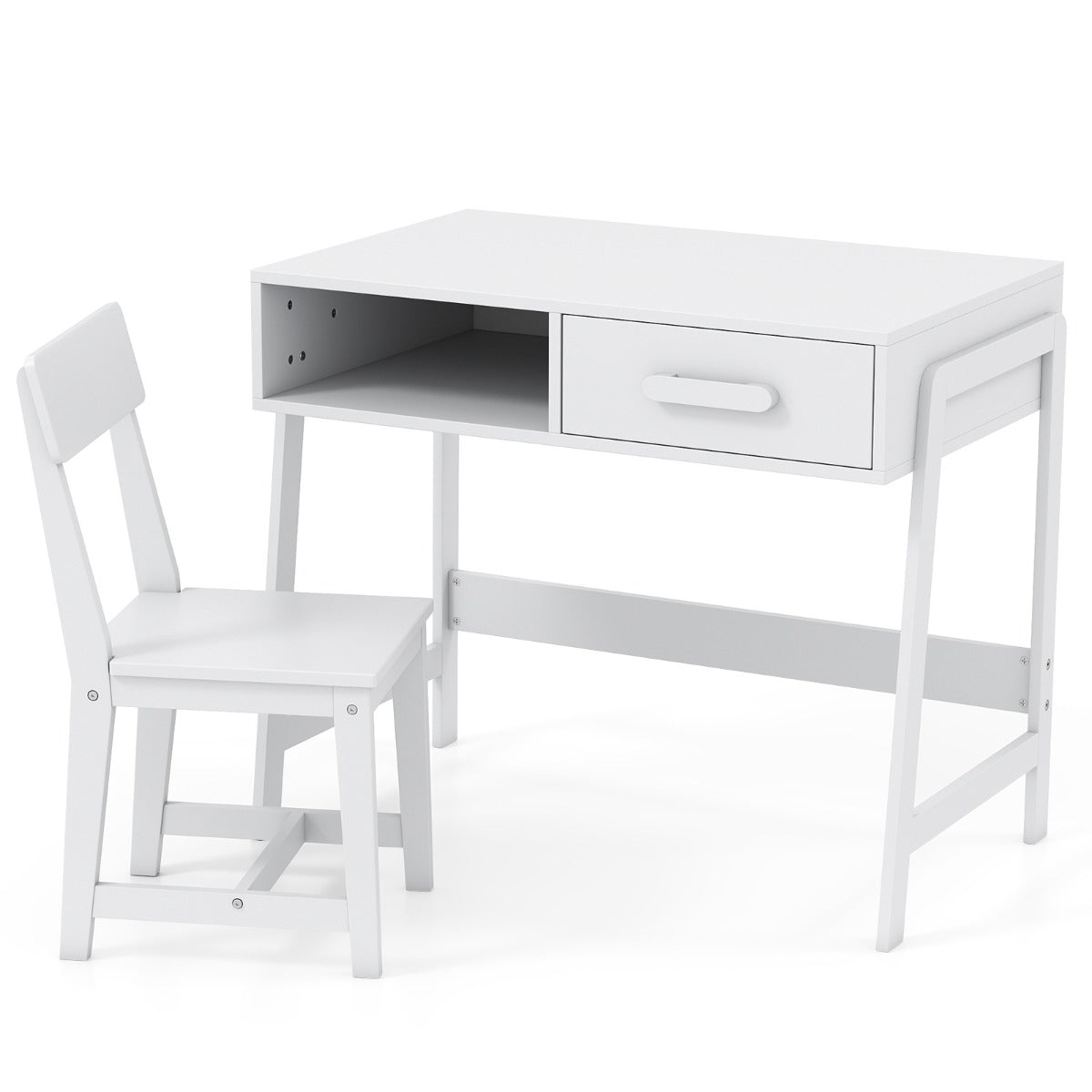 LIVSK Bureauset voor Kinderen - Ruim Bureau met Plank en Lade - Ergonomische Stoel met Hoge Rugleuning - Veilig en Duurzaam - Wit