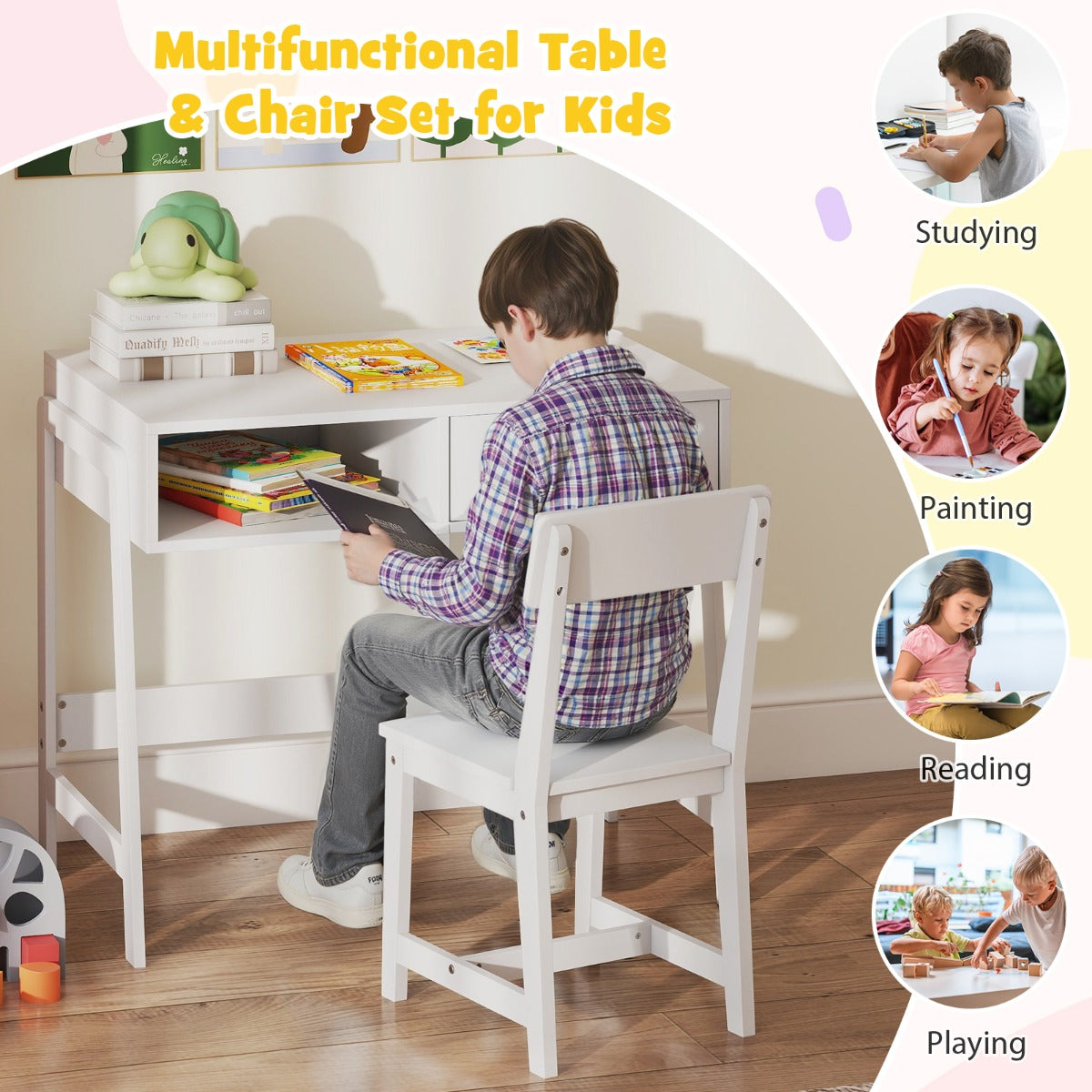 LIVSK Bureauset voor Kinderen - Ruim Bureau met Plank en Lade - Ergonomische Stoel met Hoge Rugleuning - Veilig en Duurzaam - Wit