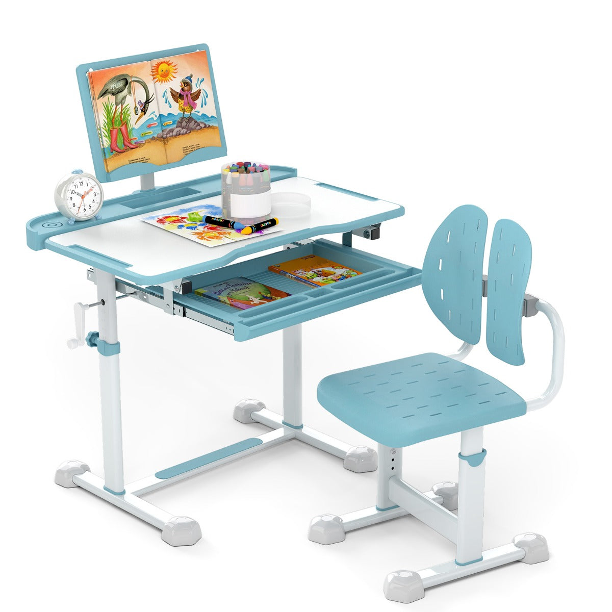 LIVSK Verstelbaar Kinderbureau met Ergonomische Stoel - Inklapbaar Bureaublad - Boekenstandaard - Ruime Opbergruimte - Blauw