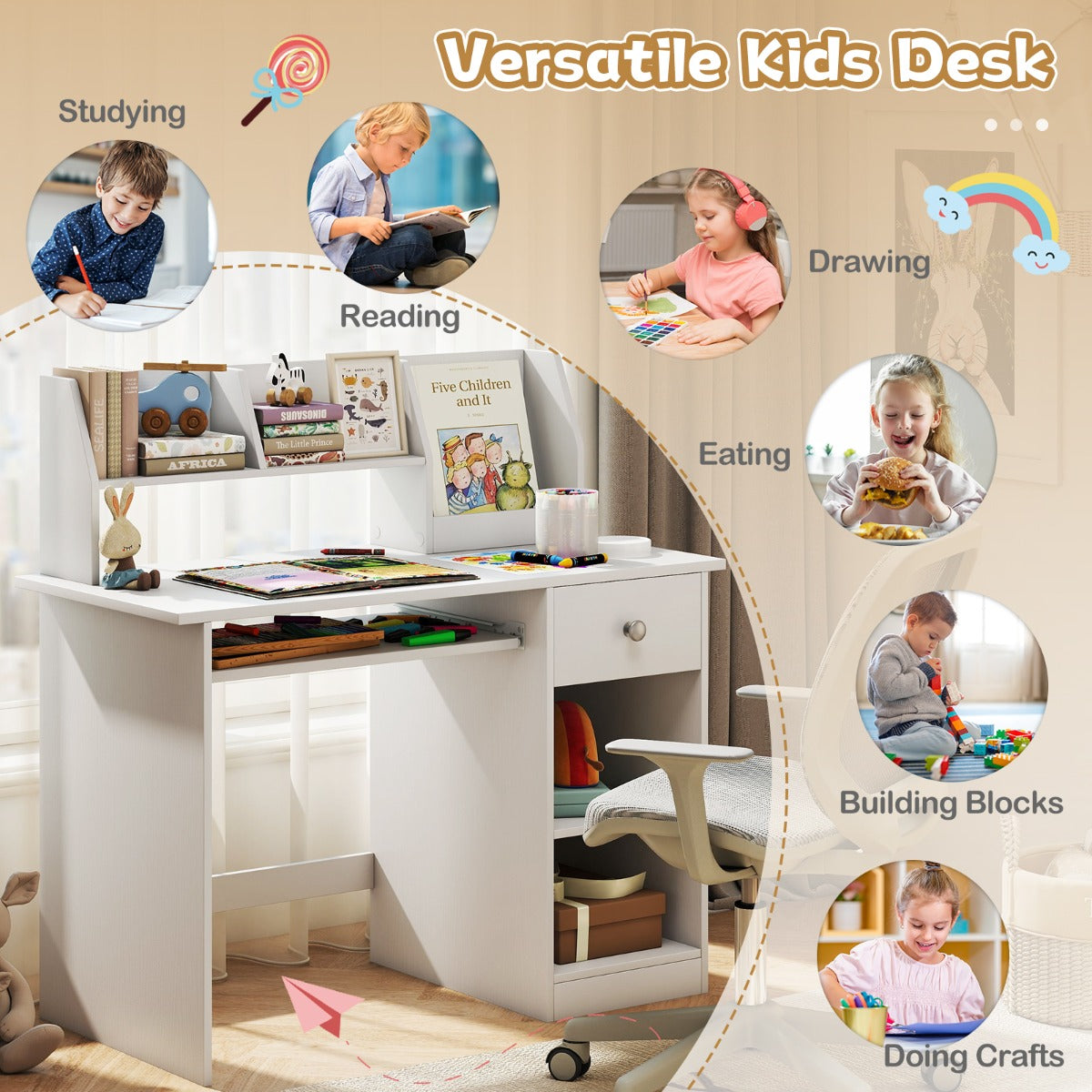 Livsk costway kinderbureau met toetsenbordlade en opbergvakken wit 6