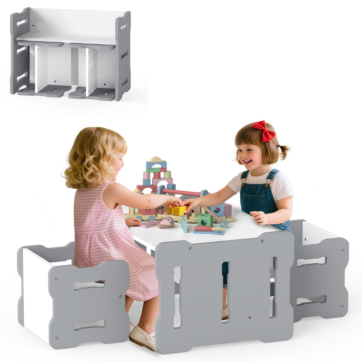 Livsk costway kinderbureau met twee stoelen ruimtebesparende kinderbureau en stoelenset stevige kinderzitmeubelset grijs