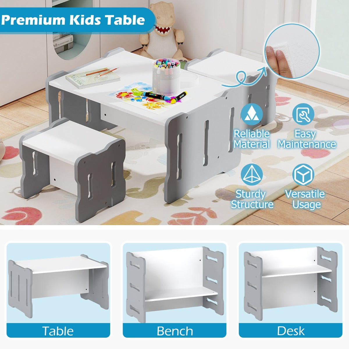 Livsk costway kinderbureau met twee stoelen ruimtebesparende kinderbureau en stoelenset stevige kinderzitmeubelset grijs 3