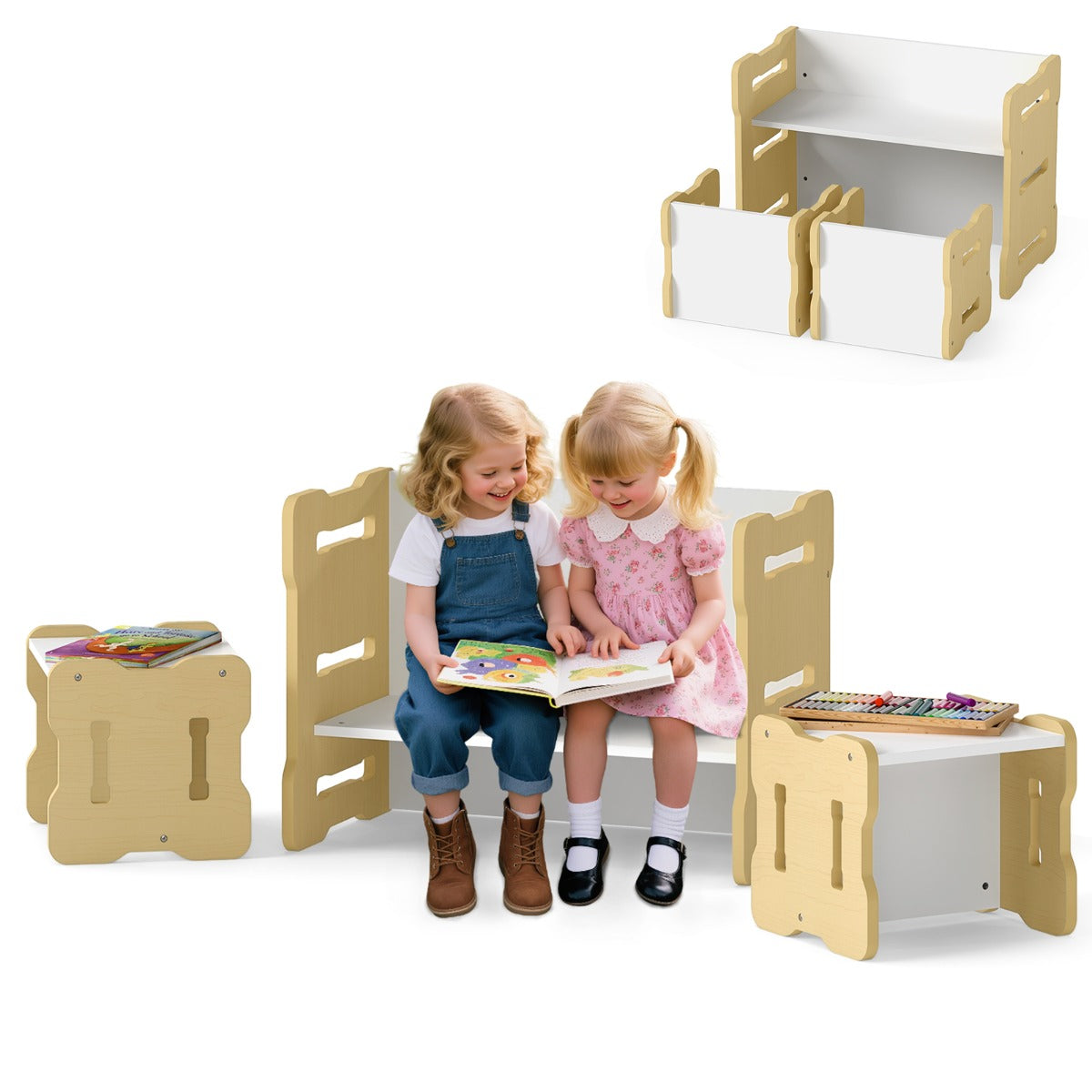 Livsk costway kinderbureau met twee stoelen ruimtebesparende kinderbureau en stoelenset stevige kinderzitmeubelset naturel 1 1