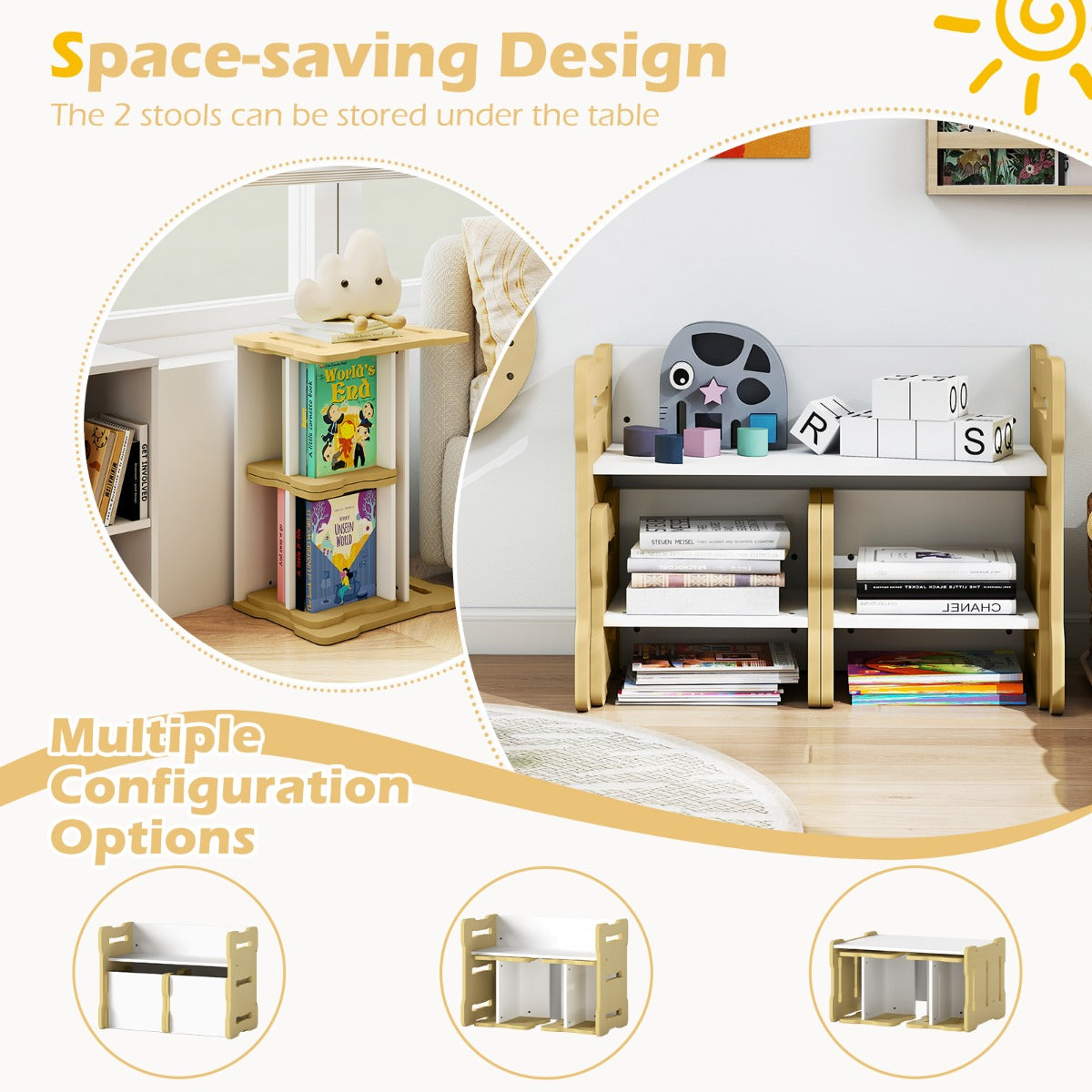 Livsk costway kinderbureau met twee stoelen ruimtebesparende kinderbureau en stoelenset stevige kinderzitmeubelset naturel 4