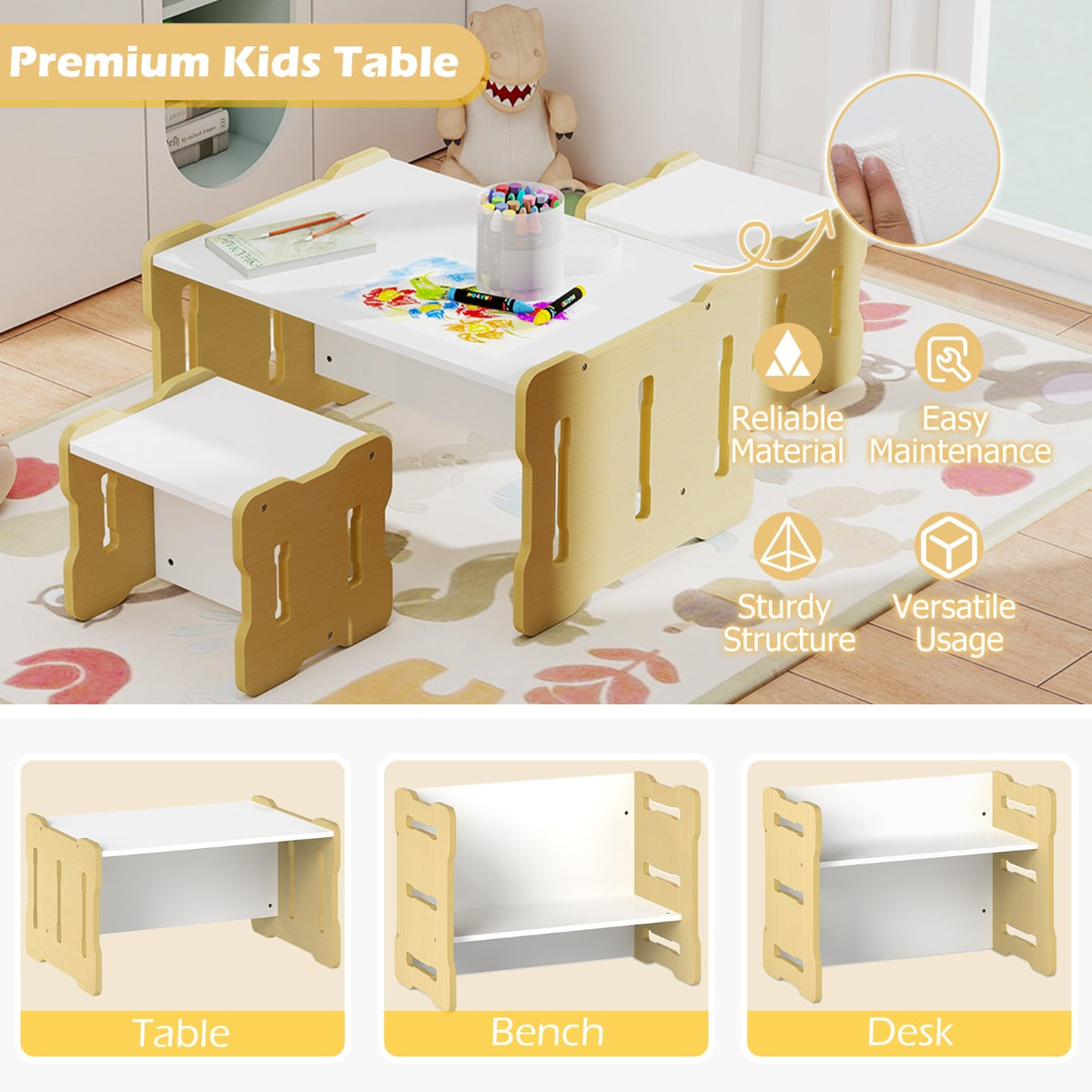 Livsk costway kinderbureau met twee stoelen ruimtebesparende kinderbureau en stoelenset stevige kinderzitmeubelset naturel 5